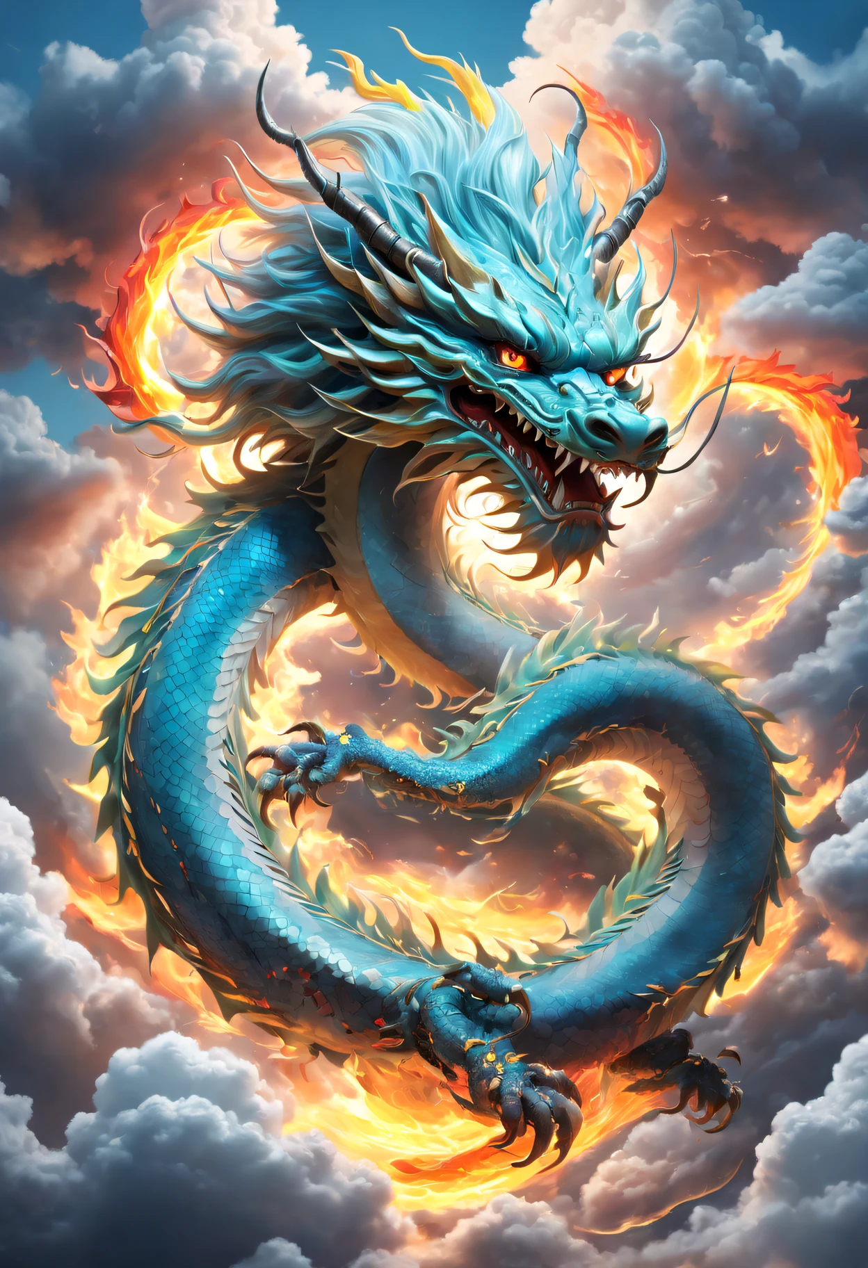 (The main subject: wide wide shot), The flame  light blue,[Multicolored,(Chinese dragon anthropomorphism)Emerald green scales], sharp talons,safe,dramatic clouds,(Go deep into the fields), Rich details​, (Wide sky), (sense of vastness),Energy and vitality, Complicated details.(Best quality, A high resolution, tmasterpiece:1.2), (actual:1.37), HighDynamicRange。