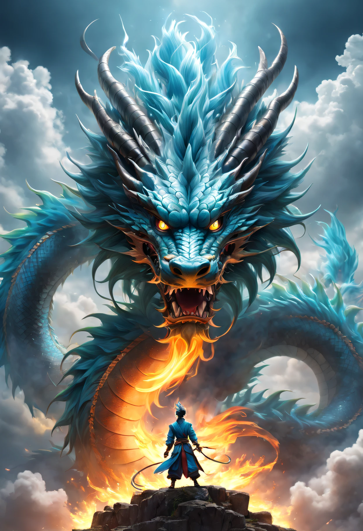 (The main subject: wide wide shot), The flame  light blue,[Multicolored,(Chinese dragon anthropomorphism)], safe,dramatic clouds,(Go deep into the fields), Rich details​, (Wide sky), (sense of vastness),Energy and vitality, Complicated details.(Best quality, A high resolution, tmasterpiece:1.2), (actual:1.37), HighDynamicRange。