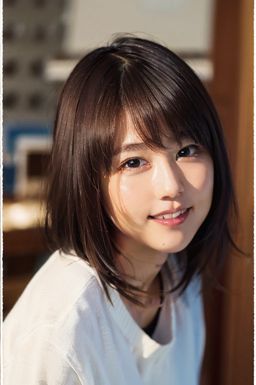 (8k, RAW photo, best quality, masterpiece:1.2), (realistic, photo-realistic:1.37), ultra-detailed, ultra high res,1 girl,looking at viewer,beautiful detailed face,smile,narrow,(slim waist:1.3),shirt, beautiful detailed skin, skin texture, floating hair,professional lighting,