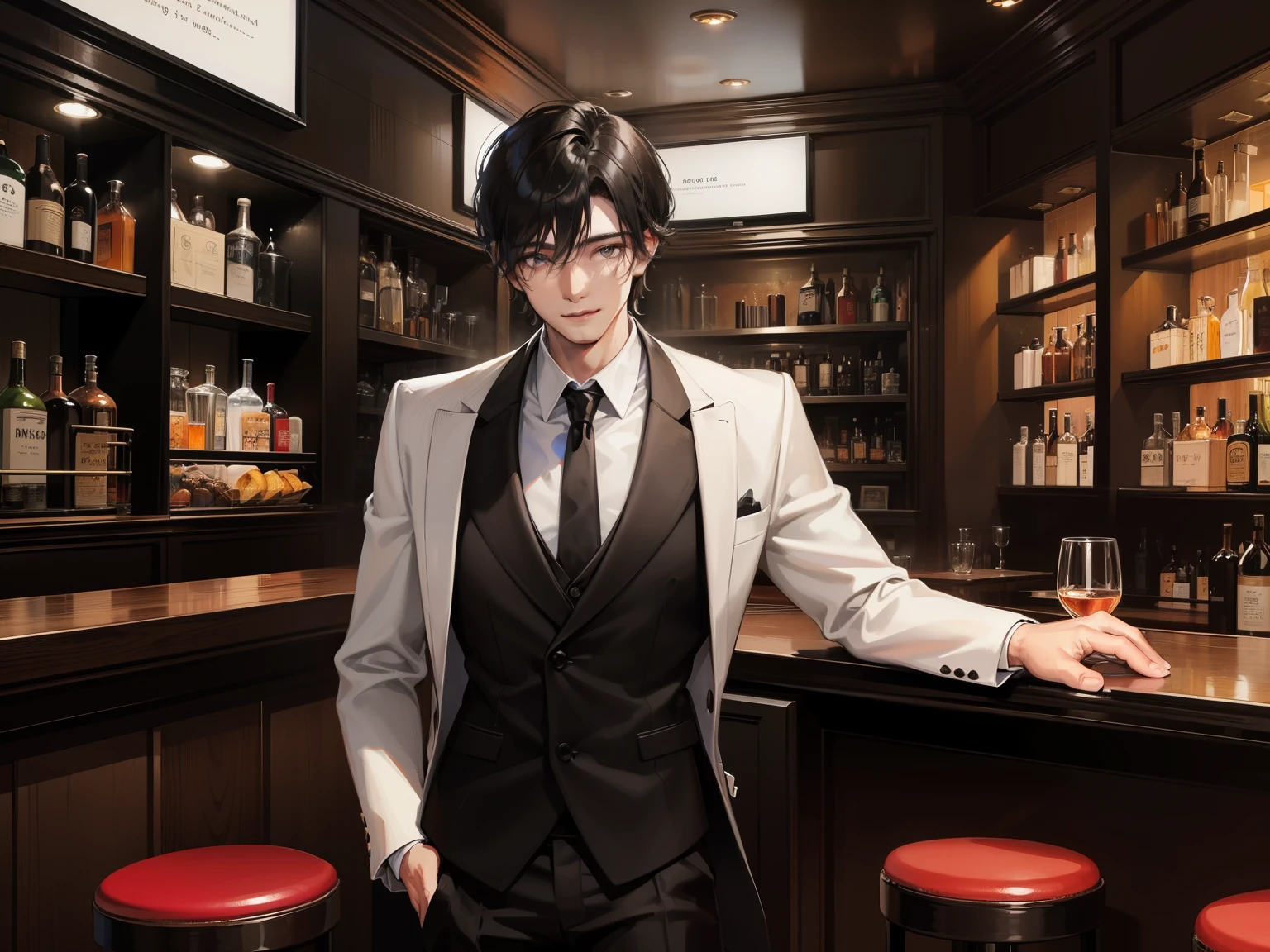 38 year old boy,(Short black hair)，Standing in front of the bar wearing a black suit，with smile，Upper body display，Inside the modern bar，Bar owner，tmasterpiece，8k wallpaper，CG，ultra image quality，Cool boys，Handsome，