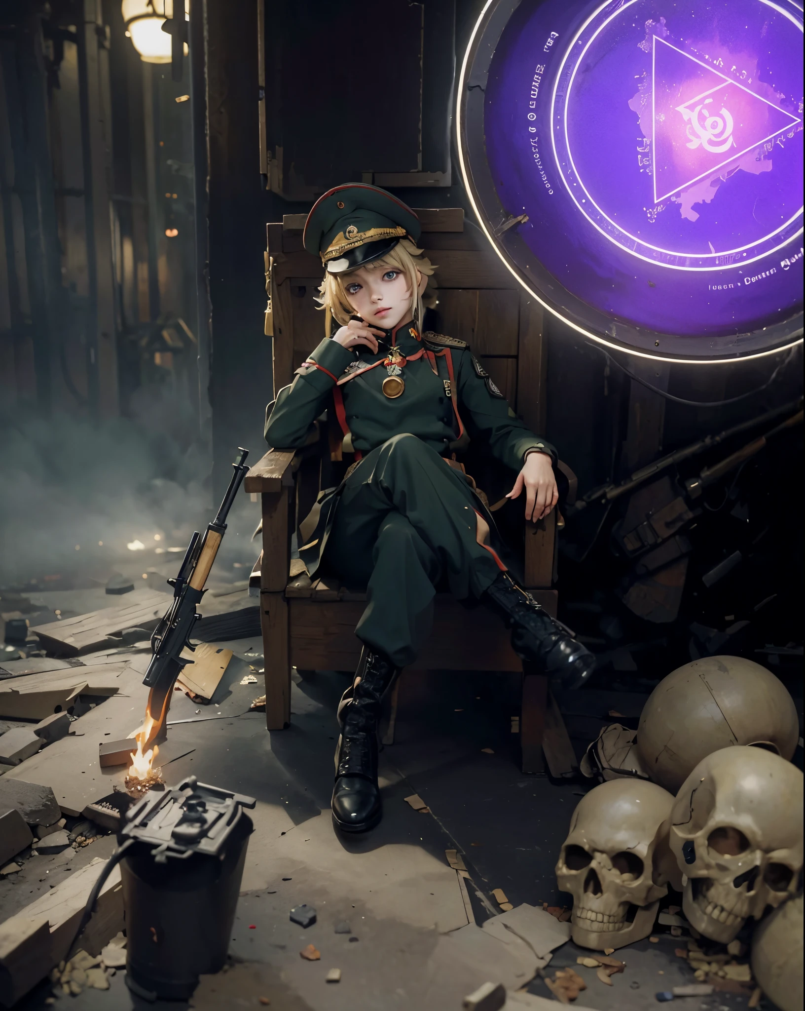((Tanya von Degurechaff Youjo Senki)),((realistic, photorealistic)),(highlight hair)), Light reflection, (( HD )), navel, detached sleeves,((upper body)), (((best quality, masterpiece))),Dressed as a war soldier, with a war hat on his head, yellow hair, sitting in the position of the main character,World war destruction background,Particles fire,Smoke,Britt Baker portrait photo beautiful woman hair updo upsweep nightclub sitting on luxury bench Black (masterpiece) (best quality) (detail) (8k) (HDR) (wallpaper) (cinematic lighting) (sharp focuasterpiece, best quality: 1.1), 1girl solo, tanya, 1girl, solo, petite, flat chest, small breasts, curvy, military, military uniform, military salute, general hat, cute smile,red eyes, background World War ,Holding a weapon,The barrel exploded,Weapons, magic circles, skull heads,