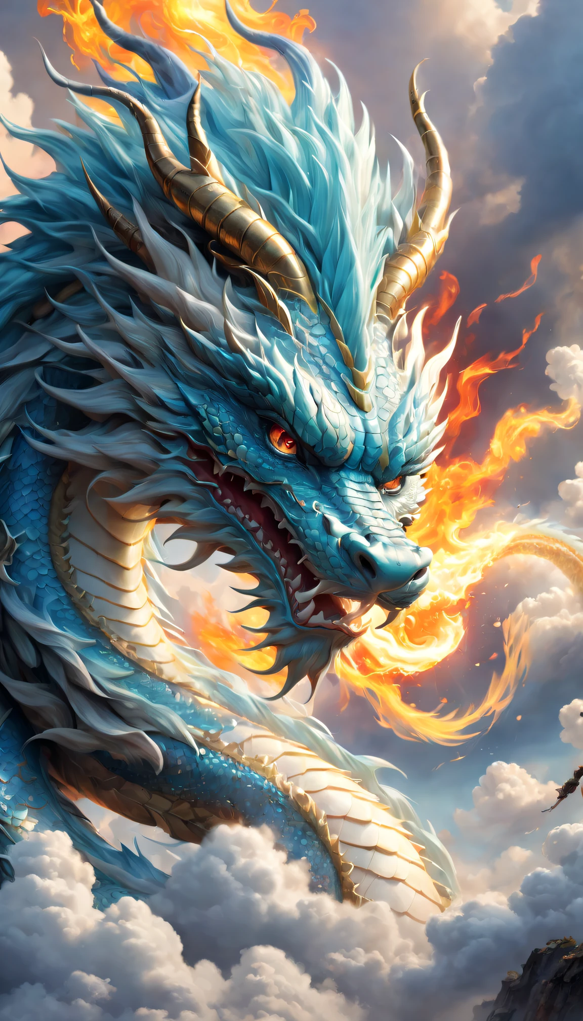 (The main subject: wide wide shot), The flame  light blue,[Multicolored,(Chinese dragon anthropomorphism)], safe,dramatic clouds,(Go deep into the fields), Rich details​, (Wide sky), (sense of vastness),Energy and vitality, Complicated details.(Best quality, A high resolution, tmasterpiece:1.2), (actual:1.37), HighDynamicRange。