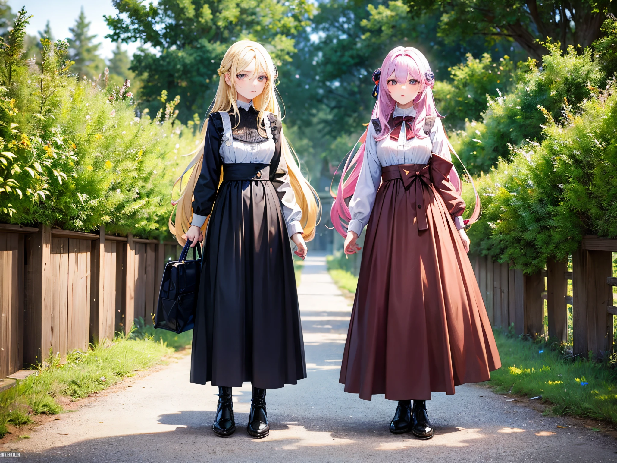 female twins, masterpiece, hair styles different, hair colors different, outfits different, standing side by side, close-up,