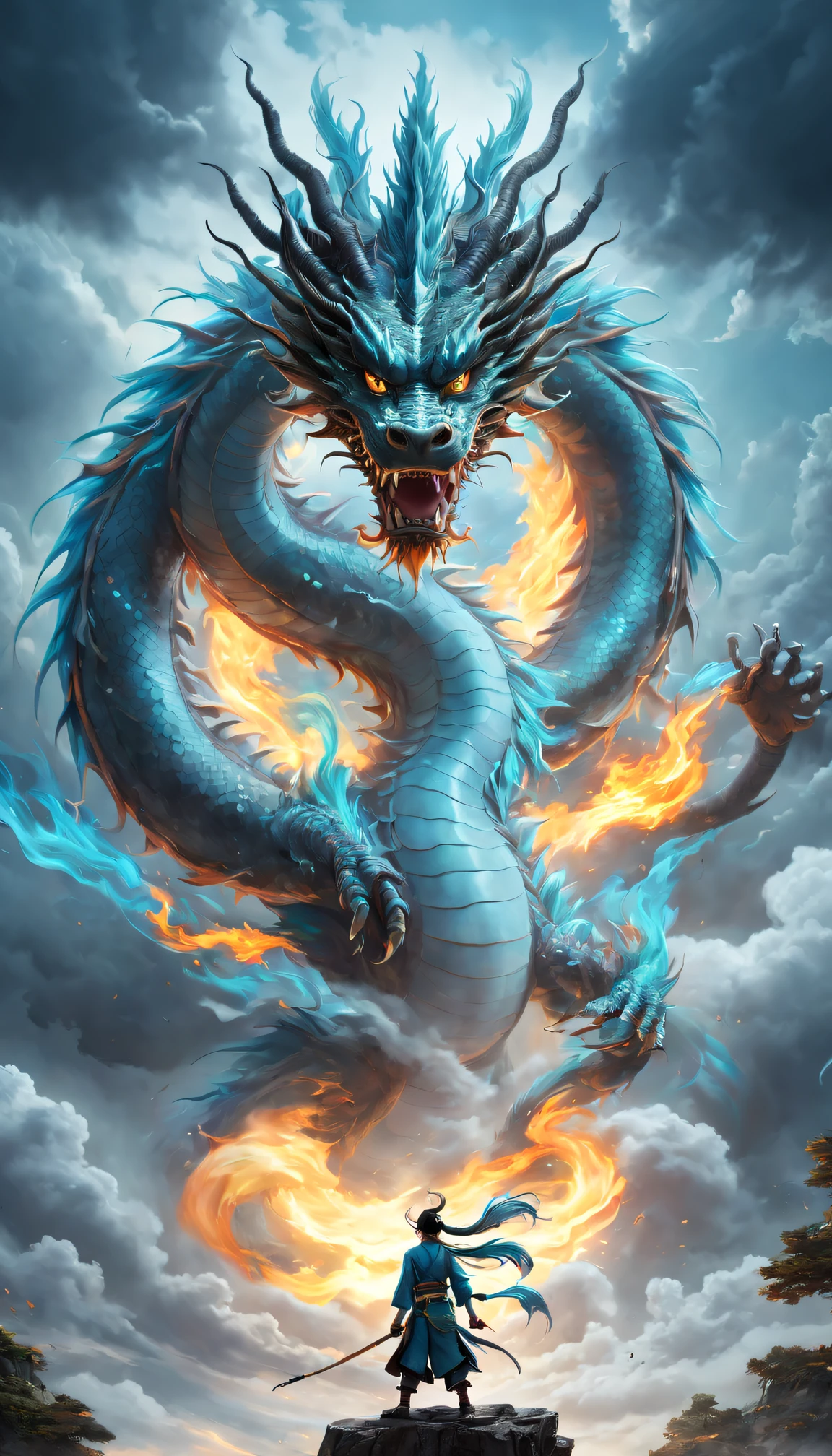 (The main subject: wide wide shot), The flame  light blue,[Multicolored,(Chinese dragon anthropomorphism)], safe,dramatic clouds,(Go deep into the fields), Rich details​, (Wide sky), (sense of vastness),Energy and vitality, Complicated details.(Best quality, A high resolution, tmasterpiece:1.2), (actual:1.37), HighDynamicRange。