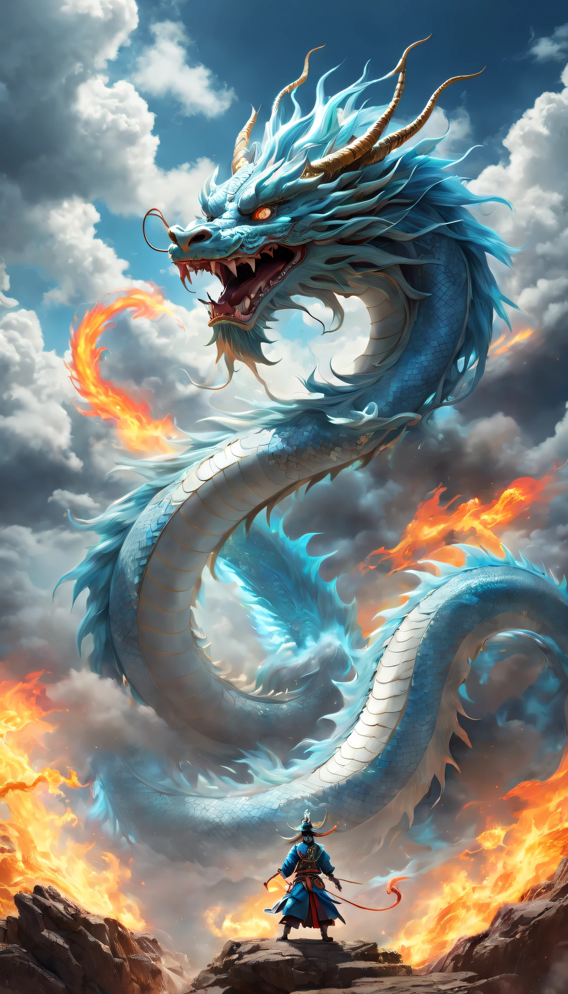 (The main subject: wide wide shot), The flame  light blue,[Multicolored,(Chinese dragon anthropomorphism)], safe,dramatic clouds,(Go deep into the fields), Rich details​, (Wide sky), (sense of vastness),Energy and vitality, Complicated details.(Best quality, A high resolution, tmasterpiece:1.2), (actual:1.37), HighDynamicRange。