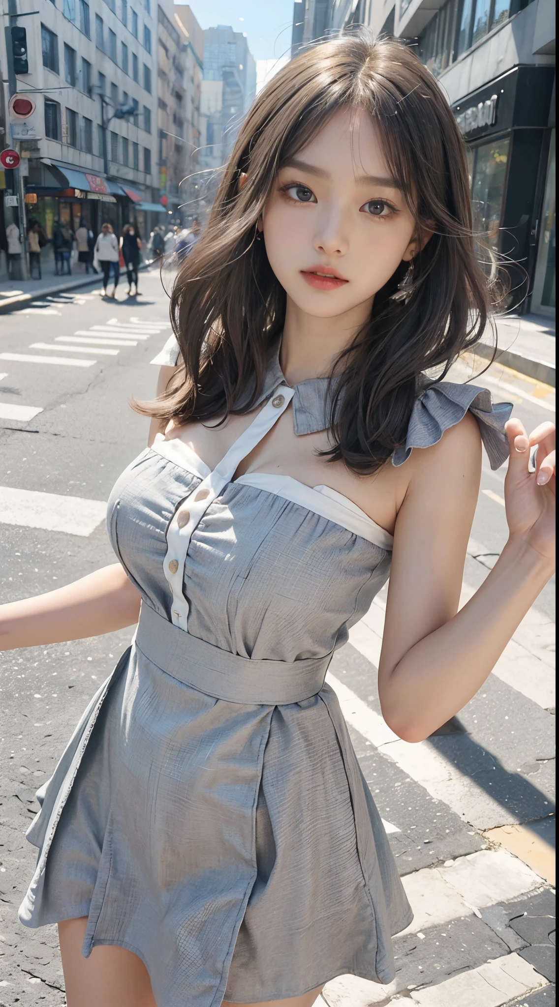 ((Best quality at best, 8K, tmasterpiece:1.3)), focal:1.2,Bust photo，upper legs，Ultra-realistic skin texture，Beautiful woman with perfect figure:1.4, hip  cocked:1.2, ((Cut your hair into layers, ordinary:1.2)), , (Sateen, the street:1.3), Bandeau Dress:1.1, Highly Detailed Face and Skin Textur, 詳細な目, 二重まぶた，Whitening Skin，Long gray hair,(with a round face:1.5)，Superskirt，lump，soaked pubic hair