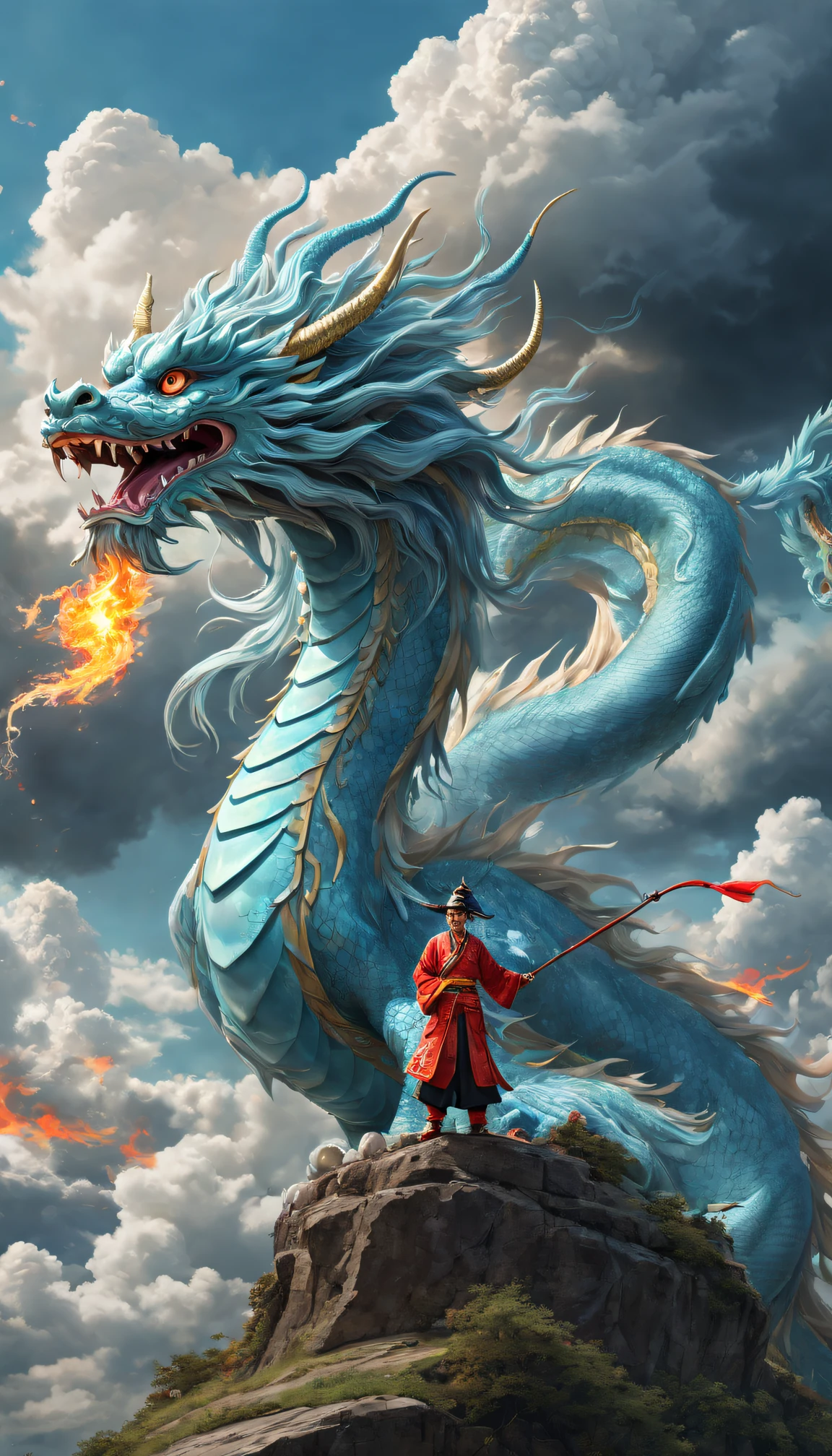 (The main subject: wide wide shot), The flame  light blue,[Multicolored,(Chinese dragon anthropomorphism)], safe,dramatic clouds,(Go deep into the fields), Rich details​, (Wide sky), (sense of vastness),Energy and vitality, Complicated details.(Best quality, A high resolution, tmasterpiece:1.2), (actual:1.37), HighDynamicRange。