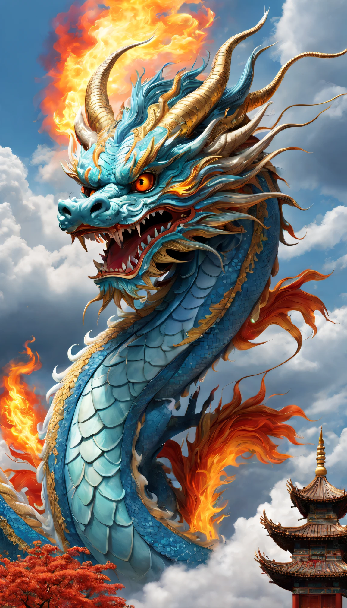 (The main subject: wide wide shot), The flame  light blue,[Multicolored,(Chinese dragon anthropomorphism)], safe,dramatic clouds,(Go deep into the fields), Rich details​, (Wide sky), (sense of vastness),Energy and vitality, Complicated details.(Best quality, A high resolution, tmasterpiece:1.2), (actual:1.37), HighDynamicRange。
