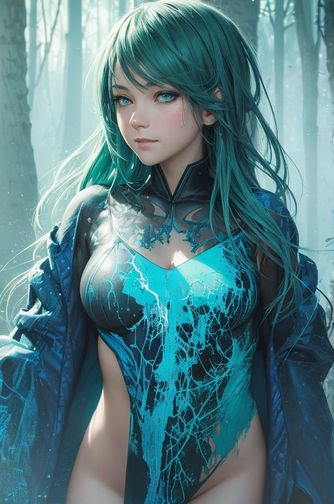 happy girl, centered, looking at the camera, approaching perfection, dynamic, (shades of blue and ((forest green 1.5)))), highly detailed, digital painting, art station, concept art, smooth, sharp focus, illustration, art by Carne Griffiths and Wadim Kashin, detailed face, 4k