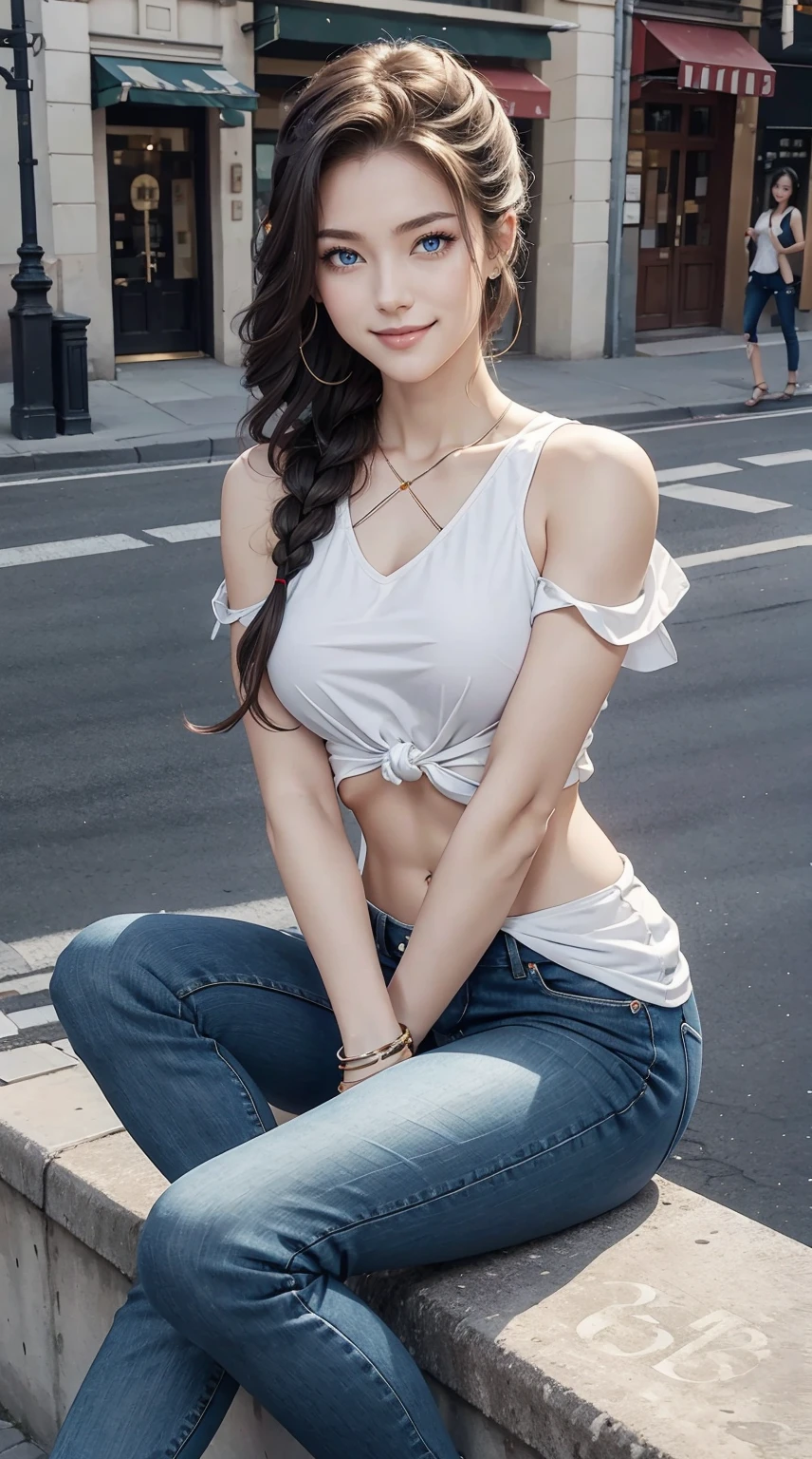 25-year-old Caucasian woman、bionde、blue eyess、Longhaire、I use a hair band to tie my hair together、a smile、My abs are cracked、accessories on the wrist、a smile、Slender but well-proportioned muscular body、I don't want my head to disappear from the screen.、Wearing an off-shoulder shirt with a logo on it、I'm wearing low-rise skinny jeans、wearing lace-up sandals、Facing to the side、I'm sitting on the corner of a street intersection