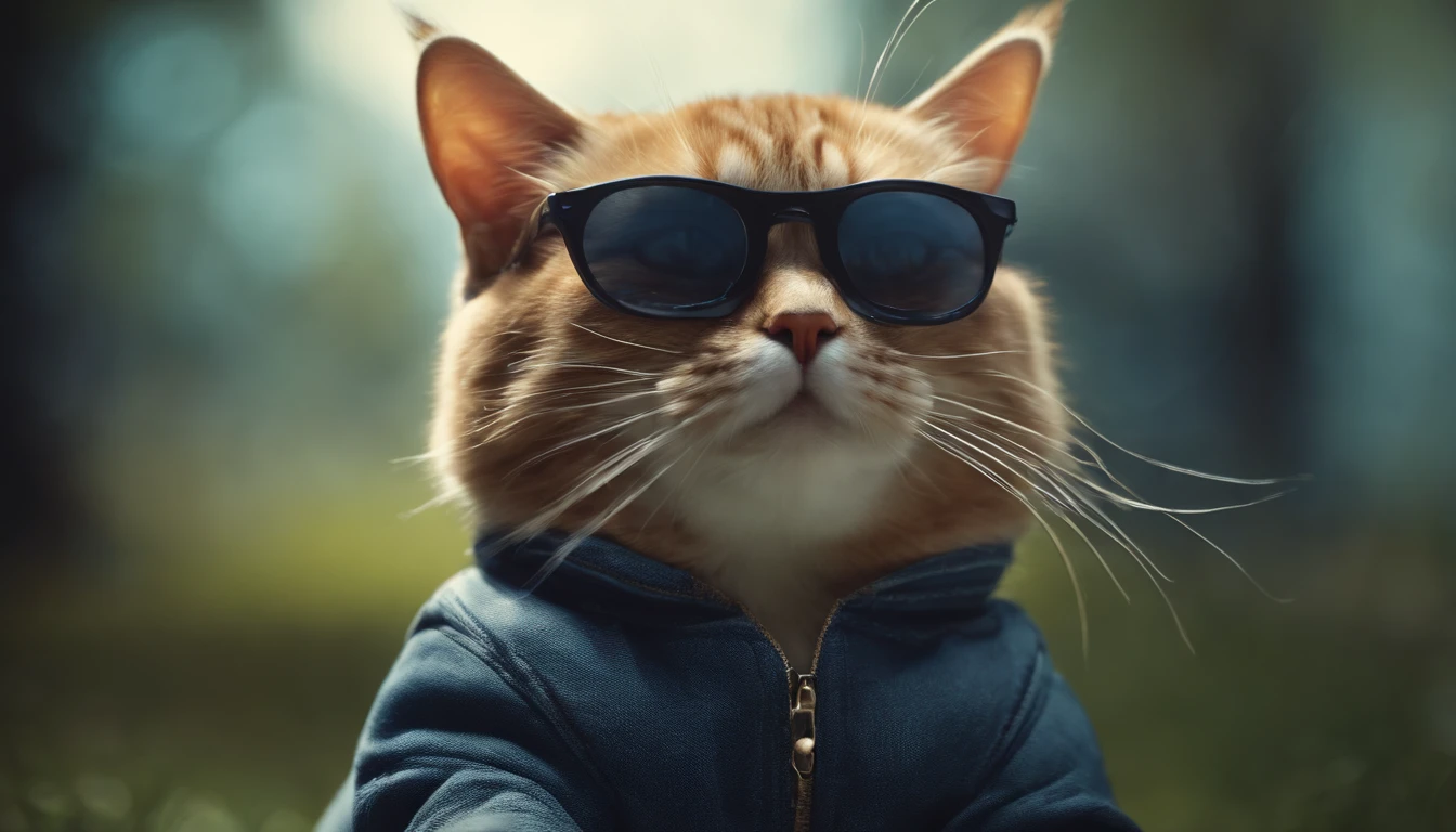 Perfect centering, Cute fat cat, Wear a jacket, Wearing sunglasses, Wearing headphones, cheerfulness, Standing position, Abstract beauty, Centered, Looking at the camera, Facing the camera, Approaching perfection, Dynamic, Highly detailed, Smooth, Sharp Focus, 8K