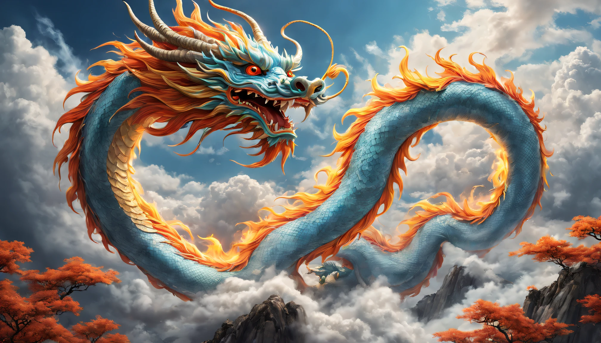 (The main subject: wide wide shot), The flame  light blue,[Multicolored,(Chinese dragon anthropomorphism)Emerald green scales], sharp talons,safe,dramatic clouds,(Go deep into the fields), Rich details​, (Wide sky), (sense of vastness),Energy and vitality, Complicated details.(Best quality, A high resolution, tmasterpiece:1.2), (actual:1.37), HighDynamicRange。
