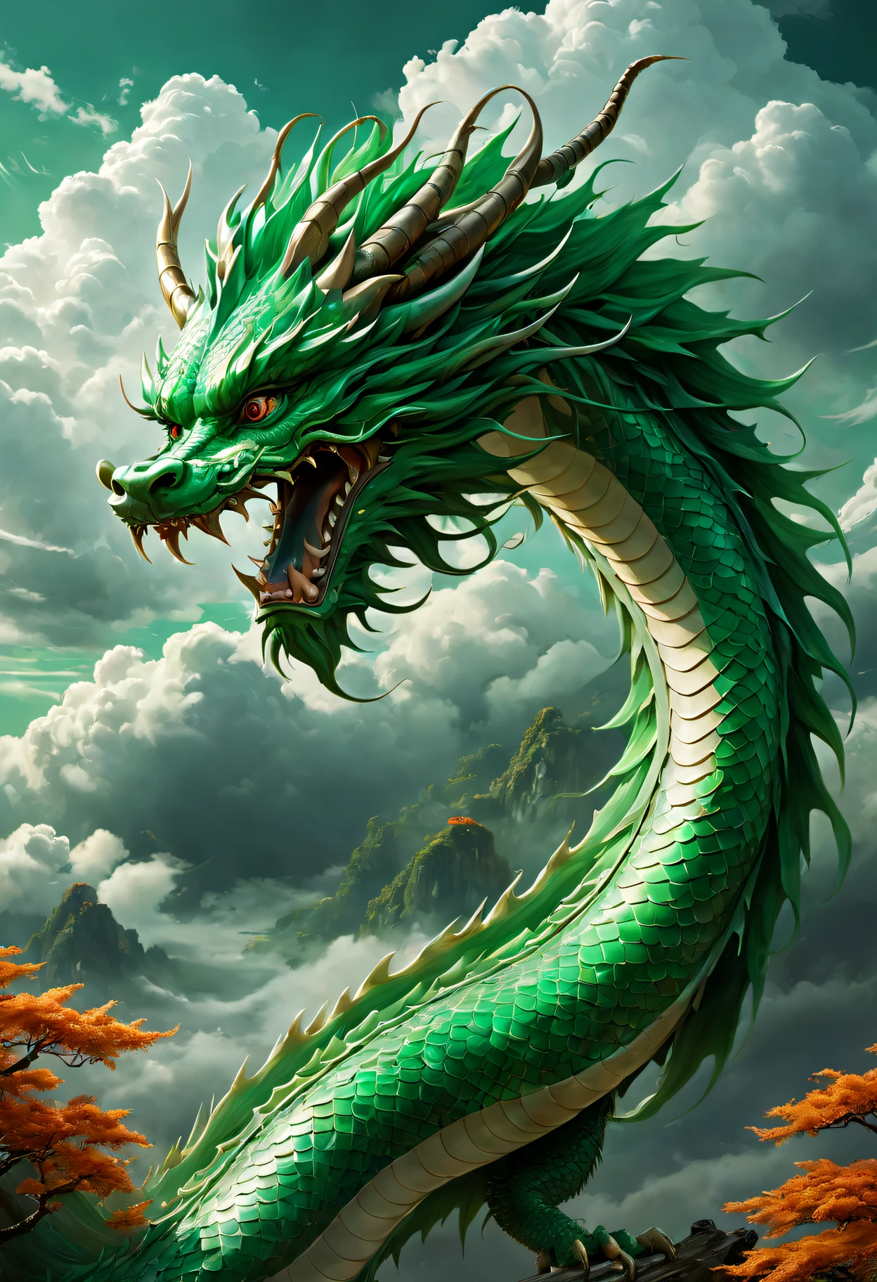 (The main subject: wide wide shot), butterflys,[(Chinese dragon anthropomorphism)Emerald green scales], elongated body，sharp talons，safe,dramatic clouds,(Go deep into the fields), Rich details​, (Wide sky), (sense of vastness),Energy and vitality, Complicated details.(Best quality, A high resolution, tmasterpiece:1.2), (actual:1.37), HighDynamicRange。