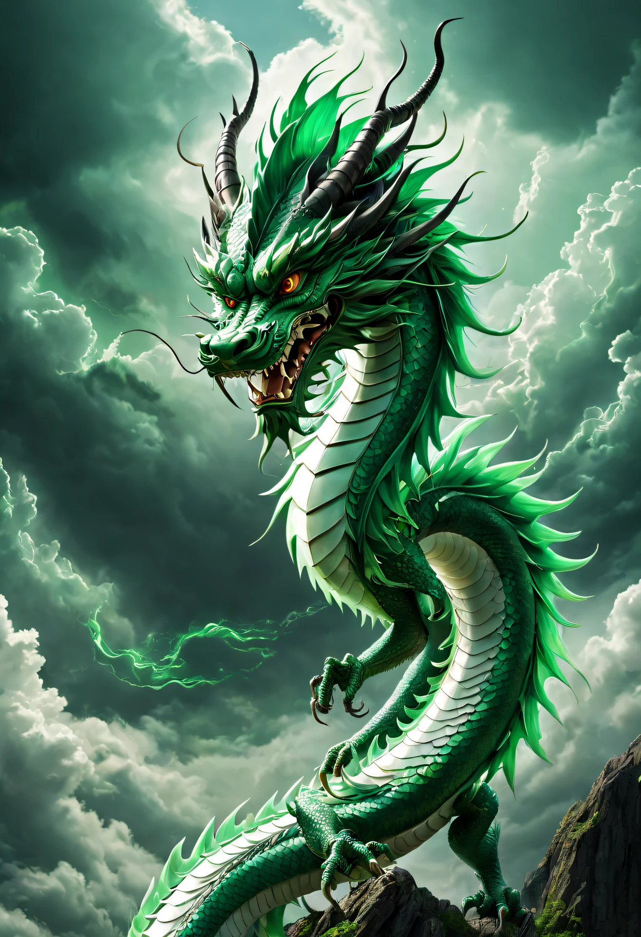 (The main subject: wide wide shot), butterflys,[(Chinese dragon anthropomorphism)Emerald green scales], elongated body，sharp talons，safe,dramatic clouds,(Go deep into the fields), Rich details​, (Wide sky), (sense of vastness),Energy and vitality, Complicated details.(Best quality, A high resolution, tmasterpiece:1.2), (actual:1.37), HighDynamicRange。