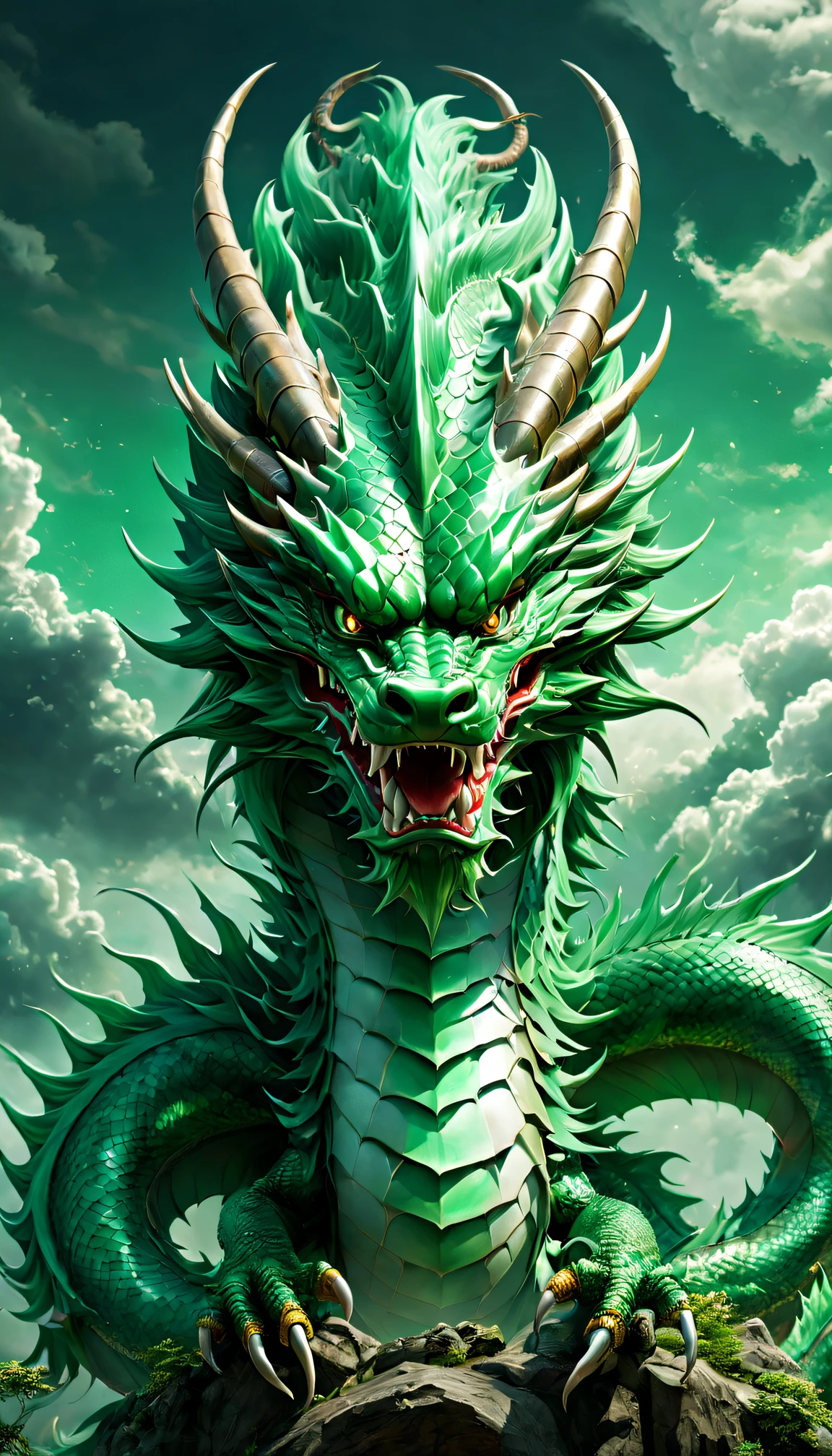 (The main subject: wide wide shot), butterflys,[(Chinese dragon anthropomorphism)Emerald green scales], elongated body，sharp talons，safe,dramatic clouds,(Go deep into the fields), Rich details​, (Wide sky), (sense of vastness),Energy and vitality, Complicated details.(Best quality, A high resolution, tmasterpiece:1.2), (actual:1.37), HighDynamicRange。