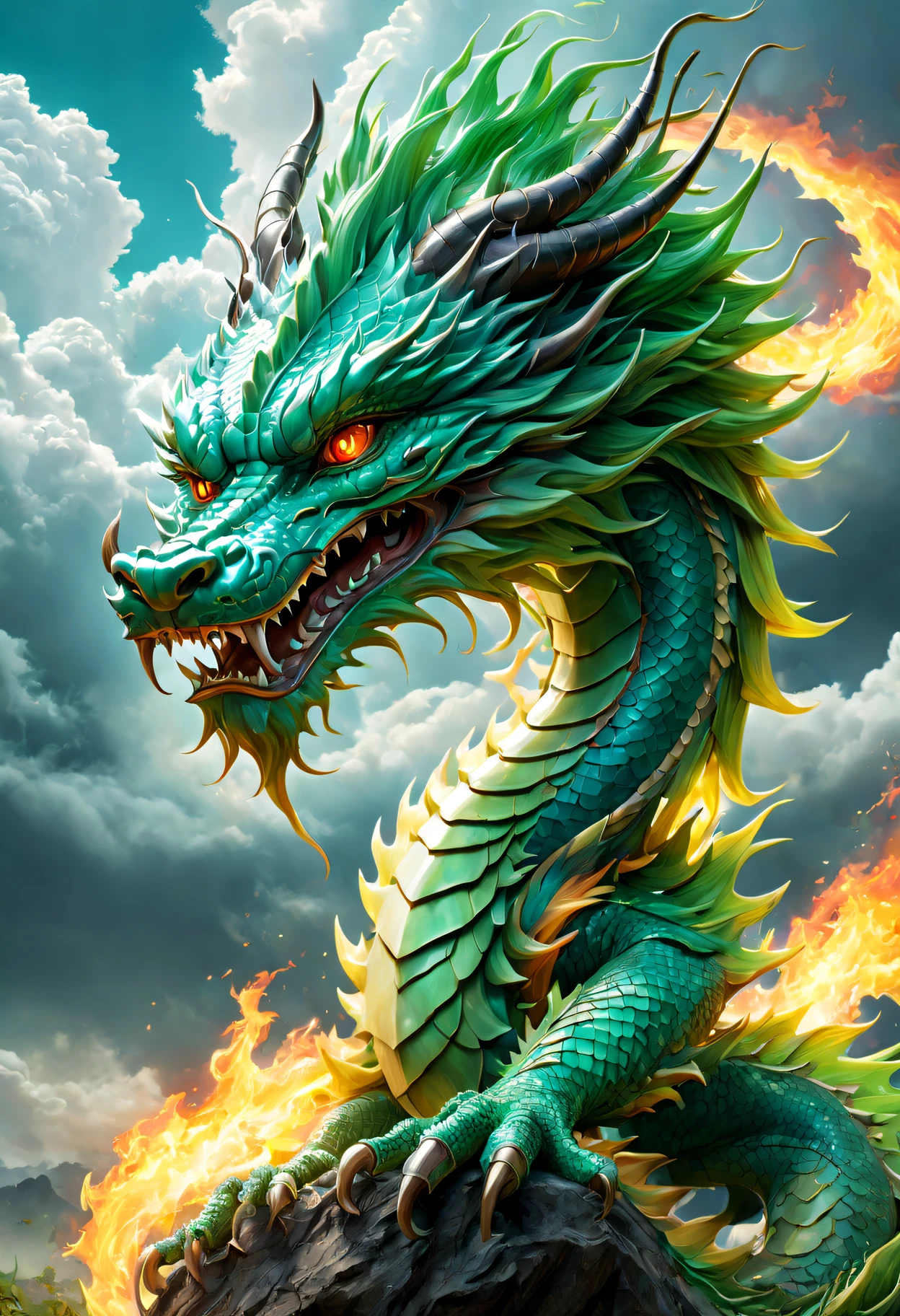 (The main subject: wide wide shot), The flame  light blue,[Multicolored,(Chinese dragon anthropomorphism)Emerald green scales], sharp talons,safe,dramatic clouds,(Go deep into the fields), Rich details​, (Wide sky), (sense of vastness),Energy and vitality, Complicated details.(Best quality, A high resolution, tmasterpiece:1.2), (actual:1.37), HighDynamicRange。