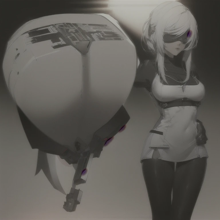 (SFW:1), masterpiece, 8k, best quality, highly detailed, 1girl, YoRHa No.2 Type B, eye mask, white hair, from below, upskirt, white panties, desert, sun, (robot:1.2)