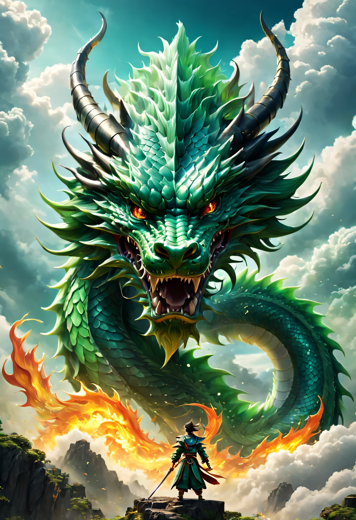 (The main subject: wide wide shot), The flame  light blue,[Multicolored,(Chinese dragon anthropomorphism)Emerald green scales], sharp talons,safe,dramatic clouds,(Go deep into the fields), Rich details​, (Wide sky), (sense of vastness),Energy and vitality, Complicated details.(Best quality, A high resolution, tmasterpiece:1.2), (actual:1.37), HighDynamicRange。