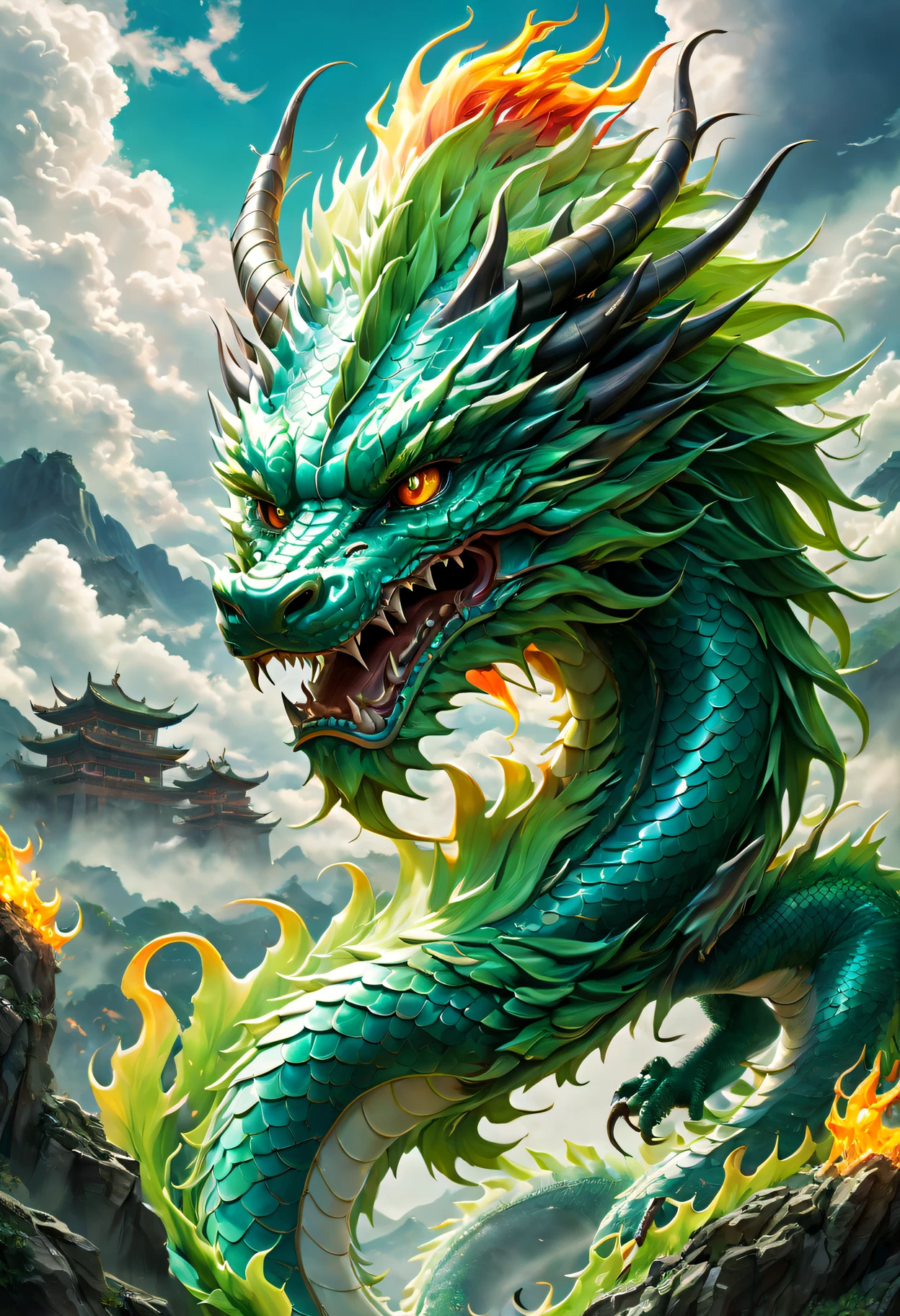 (The main subject: wide wide shot), The flame  light blue,[Multicolored,(Chinese dragon anthropomorphism)Emerald green scales], sharp talons,safe,dramatic clouds,(Go deep into the fields), Rich details​, (Wide sky), (sense of vastness),Energy and vitality, Complicated details.(Best quality, A high resolution, tmasterpiece:1.2), (actual:1.37), HighDynamicRange。