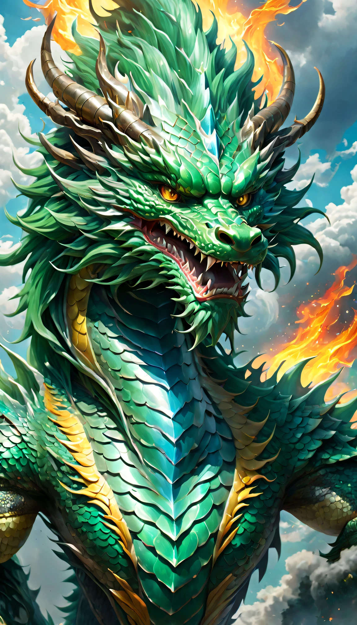 (The main subject: wide wide shot), [Multicolored,(Chinese dragon anthropomorphism)Emerald green scales], sharp talons,safe,dramatic clouds,The flame  light blue,(Go deep into the fields), Rich details​, (Wide sky), (sense of vastness),Energy and vitality, Complicated details.(Best quality, A high resolution, tmasterpiece:1.2), (actual:1.37), HighDynamicRange。