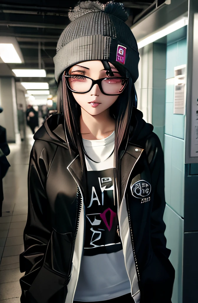 a woman with a beanie and glasses standing in a subway, cyberpunk anime girl in hoodie, cyberpunk beautiful girl, bright cyberpunk glow, cyberpunk 2 0 y. o model girl, cyberpunk wearing, dreamy cyberpunk girl,  cyberpunk girl, cyberpunk look, in cyberpunk style, cyberpunk))), wearing cyberpunk 2 0 7 7 jacket, cyberpunk fashion, has cyberpunk style