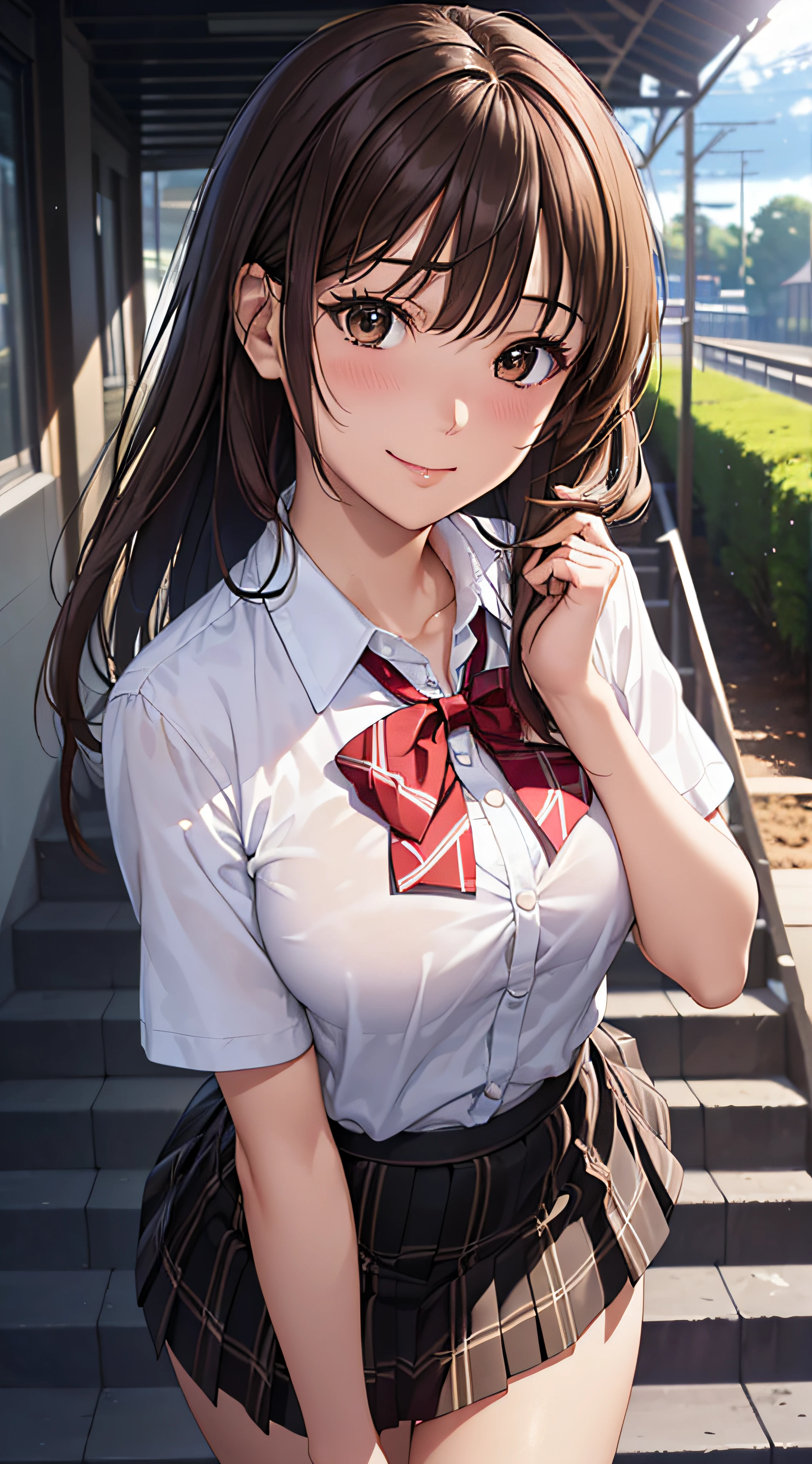 ((masutepiece, Best Quality, hight resolution, nffsw, Perfect Pixel, 4K, nffsw, nffsw))), 1girl in, Single, Solo, Beautie、full body seen、 ((Middle Wave Hair, Bangs, Brown hair)), ((Brown-eyed, Beautiful eyelashes, Realistic eyes)), ((Detailed face, Blushing:1.2)), ((Smooth texture:0.75, Realistic texture:0.65, Photorealistic:1.1, Anime CG style)), medium breasts, Dynamic Angle, Perfect body, ((red bowtie, School uniform, , White shirt, Black skirt, plaid skirts))、train station stairs、Windy、Very embarrassing panic smile、turned around、I can see her ass sticking out in front of me...、Looking up from the bottom of the stairs、 (The wind pulled up my skirt、Touch the skirt with both hands、、You can see all the buttocks、White floral panties)、