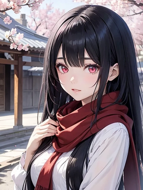Anime girl with black hair red crystal eyes long hair wearing a scarf in cherry blossom season pretty woman