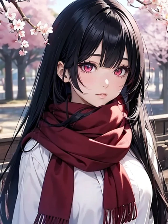 Anime girl with black hair red crystal eyes long hair wearing a scarf in cherry blossom season pretty woman