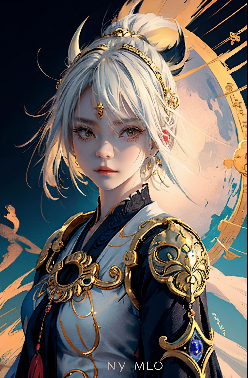 Anime girl with short blond hair and gold jewelry in front of black background, onmyoji detailed art, anime goddess, portrait onmyoji, Onmyoji, white haired god, the goddess artemis smirking, goddess of the moon, intricate gorgeous anime CGI style, Beautiful fantasy empress, Works of the Goddess of Sorrow, goddess of the moon, goddess of the moon, (Colossal tits)