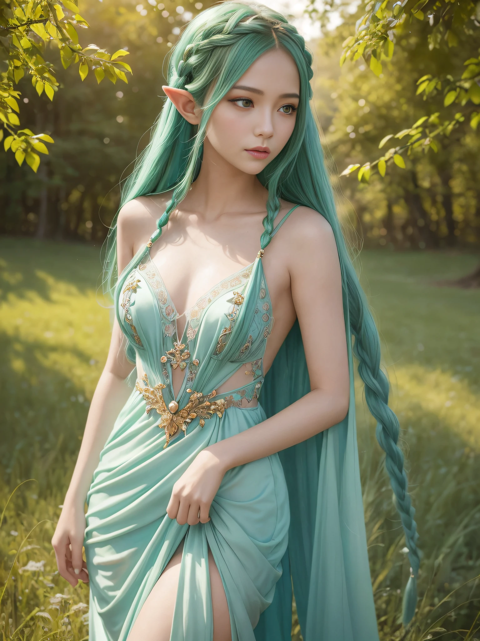 Graceful elven girl standing in meadow, Delicate face illuminated by the soft light of the setting sun. Her long, Flowing hair runs down your back, Decorated with intricate braids、Adorned with sparkling gemstones. This great photo 、、、It captures the ethereal beauty of elves. Slender figure in silk dress、Swaying in the soft steppe breeze. Attention to detail、Face that ace that ace that ace that 、It  evident in the intricate patterns of the dress and the subtle highlights of the luminescence. skin. The breathtaking portrayal of the elven girl 、、、、、Create an enchanting atmosphere、It invites the viewer to a magical world. emerald green hair color and eye, sexy and dynamic pose,