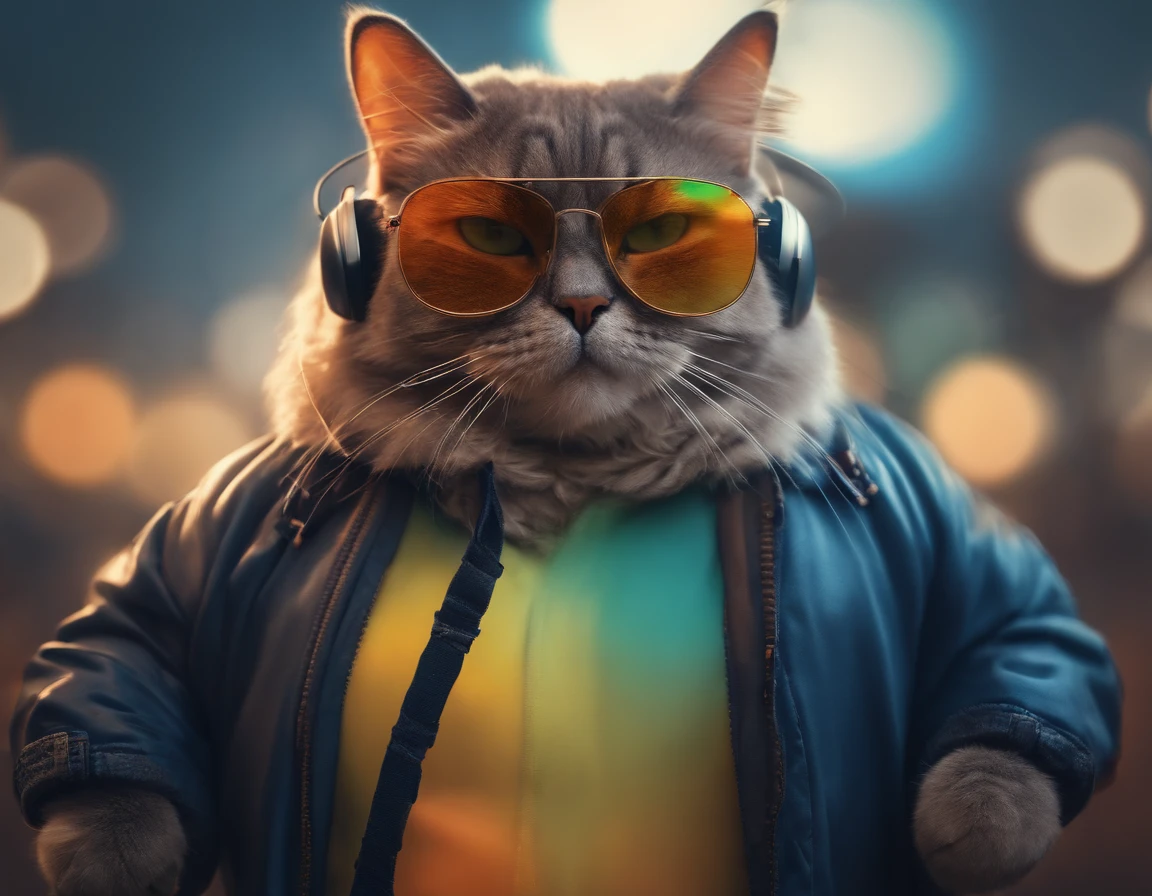 Perfect centering, Cute fat cat, Wear a jacket, Wearing sunglasses, Wearing headphones, cheerfulness, Standing position, Abstract beauty, Centered, Looking at the camera, Facing the camera, Approaching perfection, Dynamic, Highly detailed, Smooth, Sharp Focus, 8K