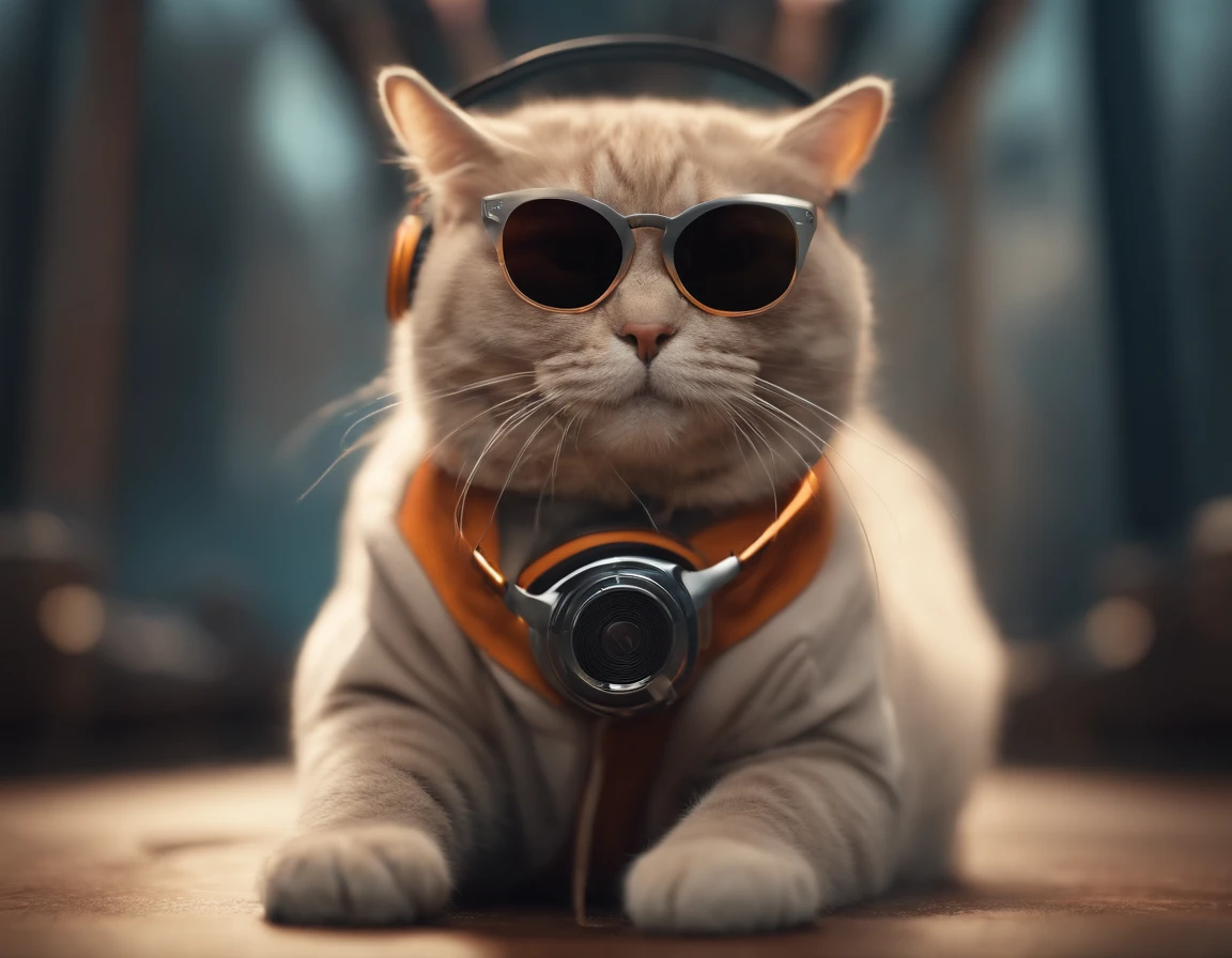 Perfect centering, Cute fat cat, Wear a jacket, Wearing sunglasses, Wearing headphones, cheerfulness, Standing position, Abstract beauty, Centered, Looking at the camera, Facing the camera, Approaching perfection, Dynamic, Highly detailed, Smooth, Sharp Focus, 8K