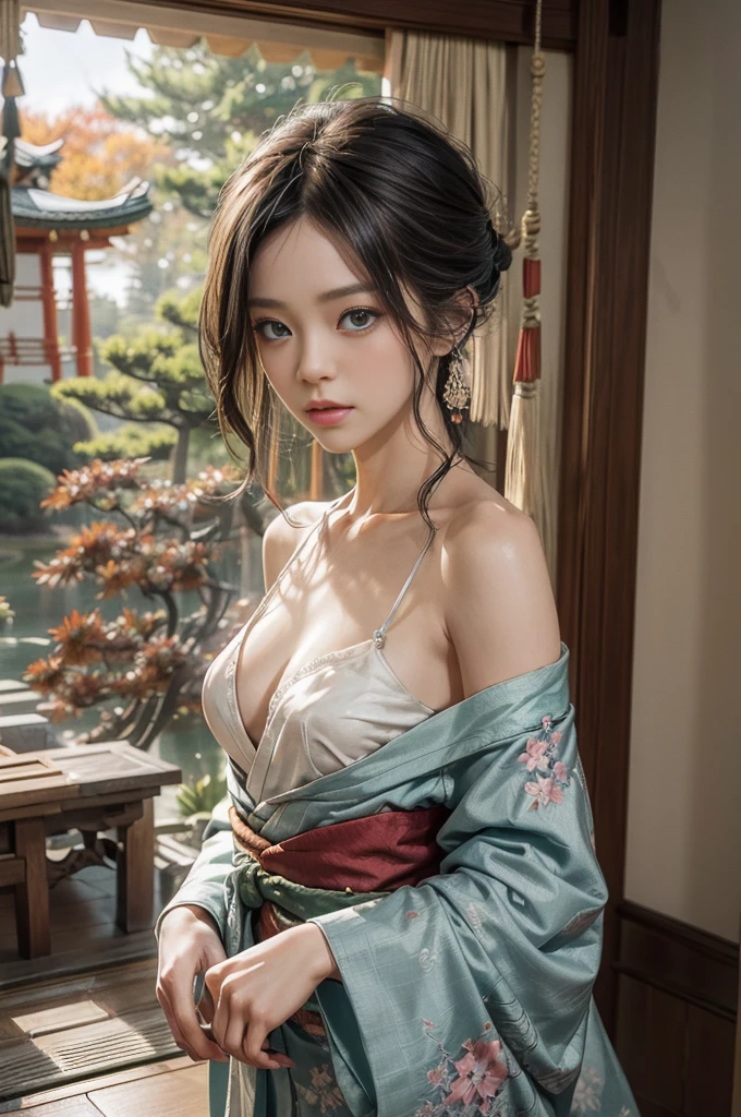 ((Best quality, 8k, Masterpiece :1.3)), Beautiful face, (photo realistic:1.4), soft lighting, (high detailed skin:1.3), 8k uhd, dslr, high quality, high resolution, 4k, 8k, absurdres, best ratio four finger and one thumb, (realistic:1.4), ((realistic medium breasts :1.3)), Highly detailed face and skin texture, Detailed eyes, Double eyelid, full body view, 1 asian woman, off shoulder kimono outfit