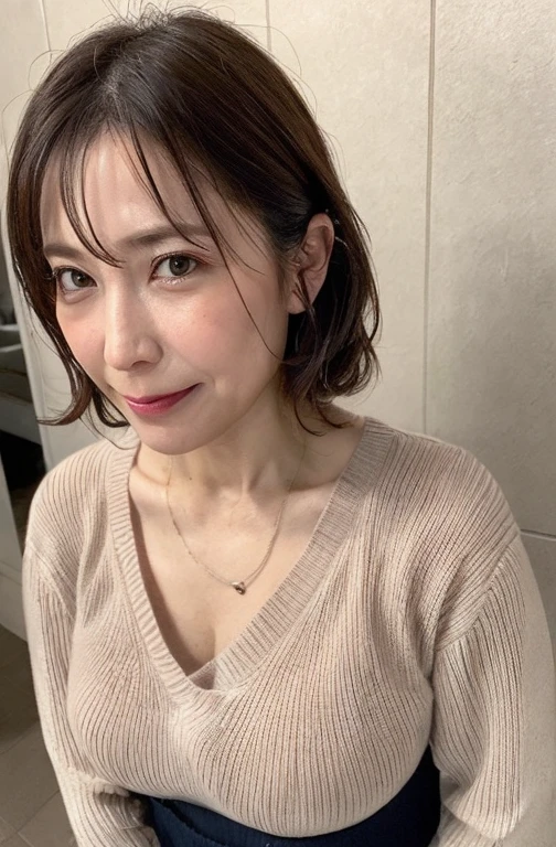 ((Best Quality, 8K, masutepiece, Portrait: 1.3)), (From below, Look down, Looking at the viewer), (Cowboy Shot:1), Photorealistic, Sharp Focus, 1 Beautiful Japan Mature Woman, ((Lying down, Arms forward, Open mouth:0.9, Joy:0.5)), ((Sweaty body:1)), Cloth with cleavage view, 49 year old person, Wavy Hair, Wrinkles at the corners of the eyes, emphasized, ((Big breasts:1.3))),Erotic, (((Tunic sweater))),skirt by the, Wet bathroom floor,