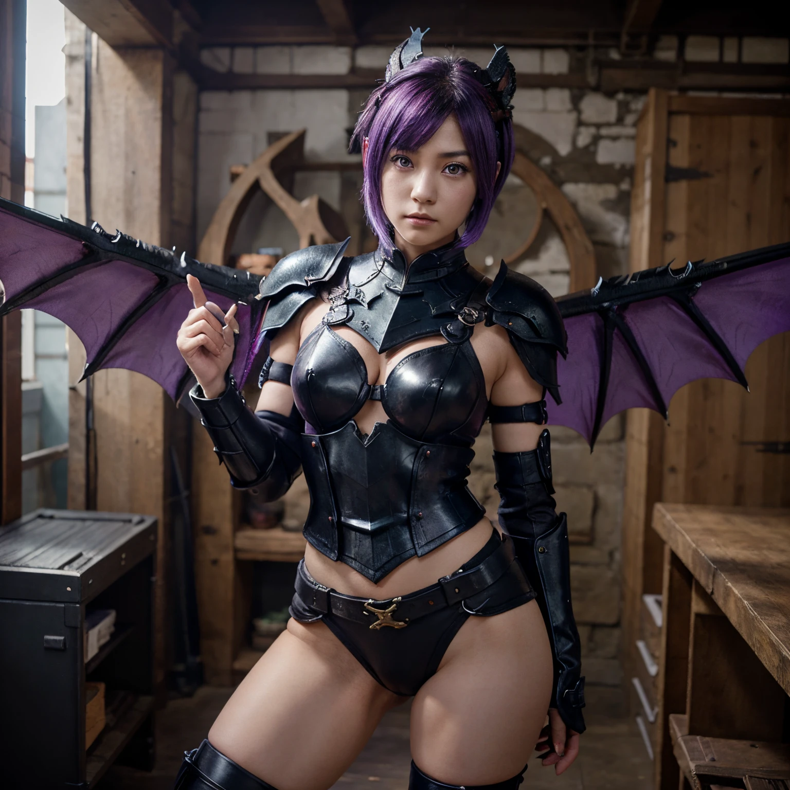 废墟, one-girl, Dragon wings, Black dragon horn, Black armor, （two-handed ax）, Purple Thunderbolt, short detailed hair（Purple colored hair）,red color eyes