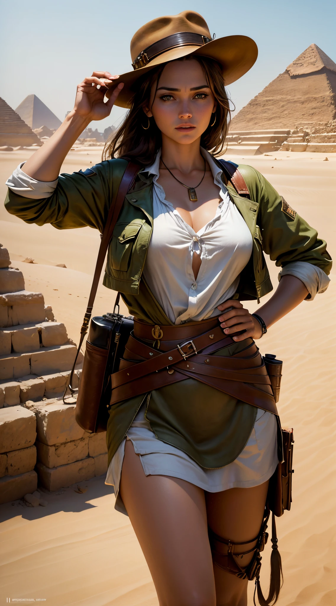 Masterpice, high resolution, 4k, nikon camera, Female Leonardo DiCaprio as Indiana Jones,Archaeological explorer uniform,Hat,whip,in egypt,pyramid,movie set,Realistic, Beautuful Women