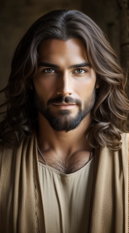 Jesus Christ Man, focus on the details of the face, wearing a long beige tunic of Jesus, draped over his hair, biblical style of Jesus, realistic image, background image of the heavenly garden with flowers, best quality, 8k, focus on details. Smiling shows that I am here