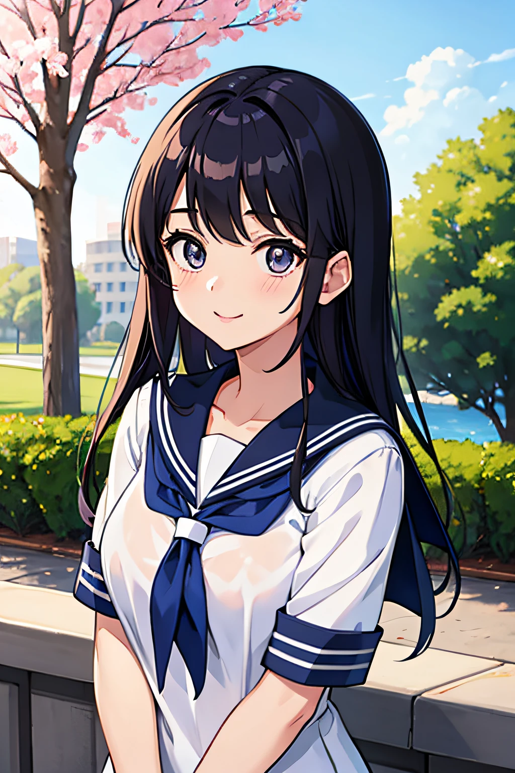 hi-school girl、a sailor suit、A dark-haired、Longhaire、full body Esbian、ssmile、a park、