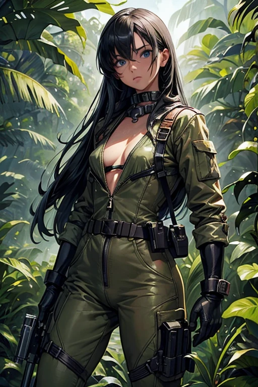 ​masterpiece, top-quality, MGS3EVA, tan jumpsuit, blue eyess, goggles around the neck, Black bra, a belt, gloves, boots, Wagas, in jungle、Small、teats、fullnude、Full visible,rubbersuit、Torn、