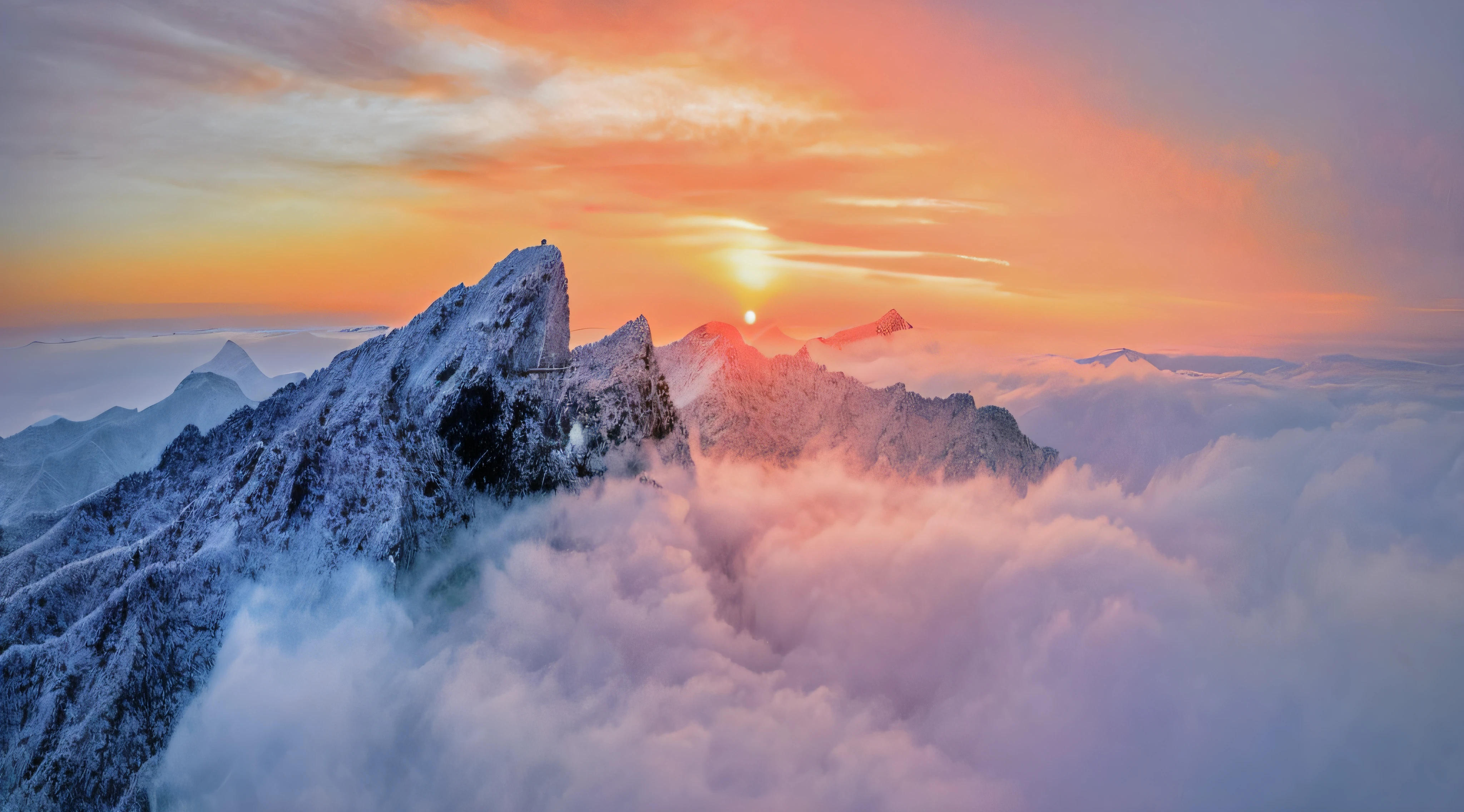 Mountains covered with snow and clouds,Sunset in background, ascend to the clouds, Sunset in the clouds, Above the clouds, epic sunrise, mountain sunrise, heaven in the top, view above the clouds, sun in the top, The sun rises from between the two mountains, between clouds, surrounded by clouds and light, upon the clouds, Mountains and colorful sunset!!