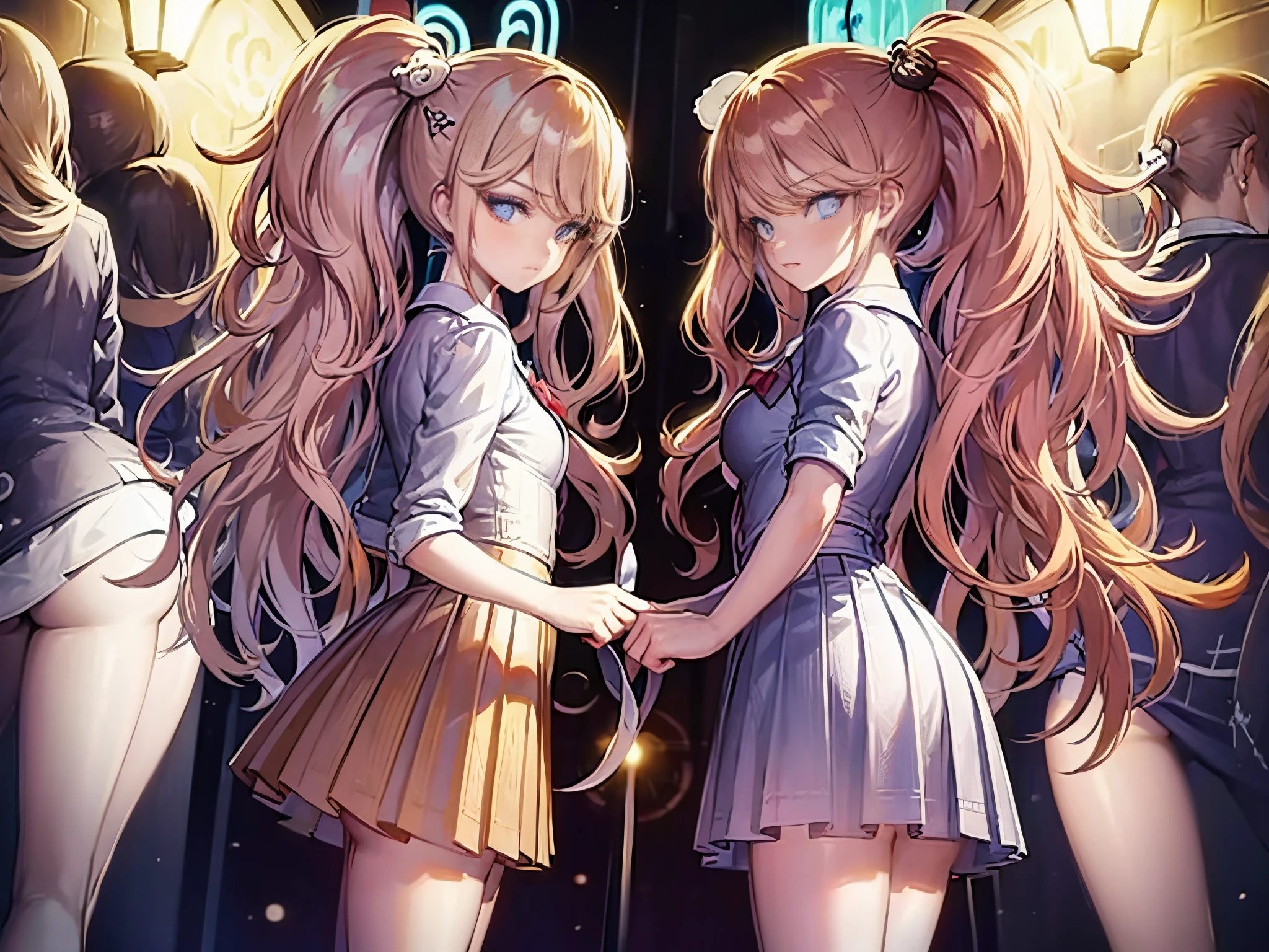 female twins, masterpiece, hair styles different, hair colors different, eye colors different, outfits different, standing side by side, school background,