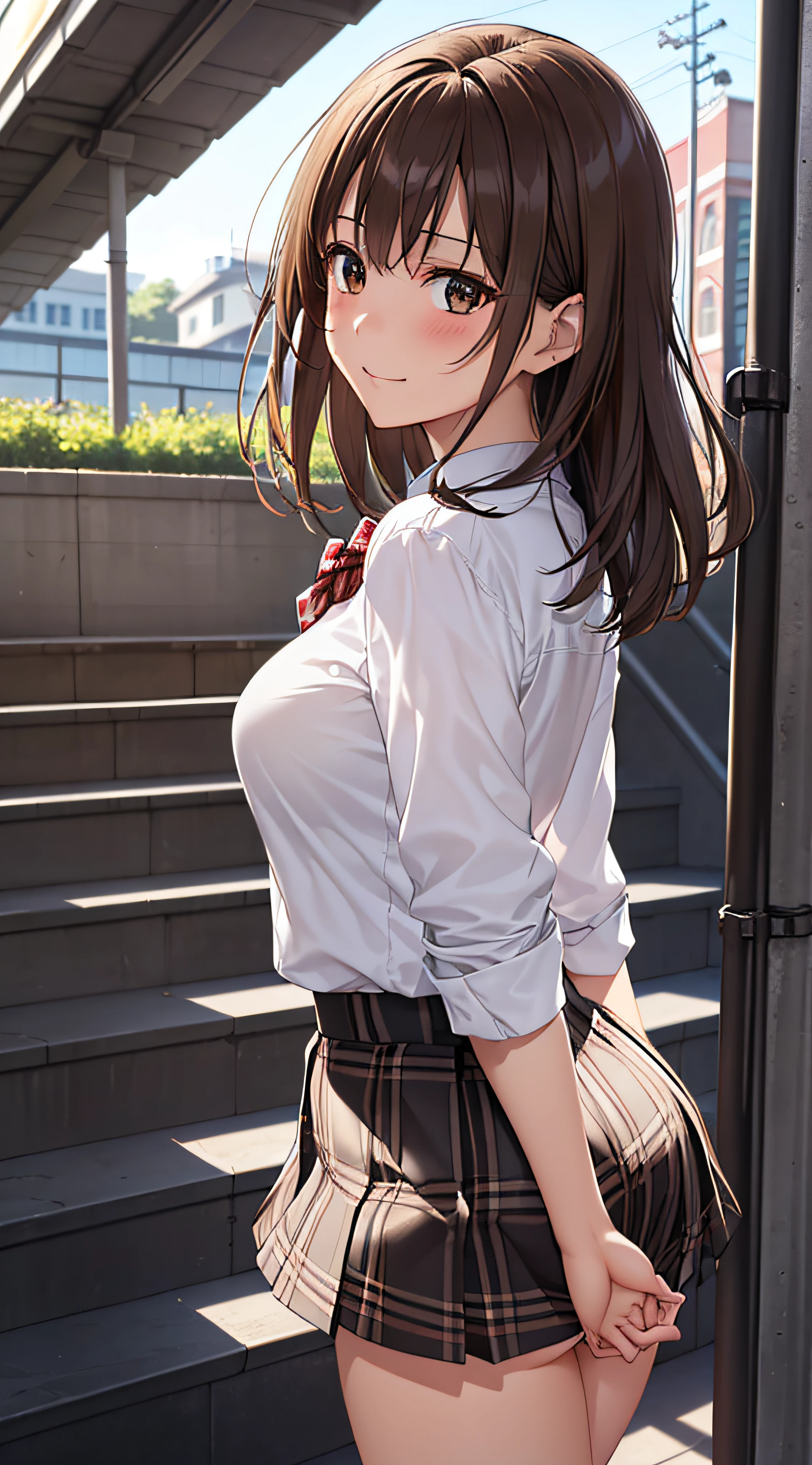((masutepiece, Best Quality, hight resolution, nffsw, Perfect Pixel,  4K, nffsw, nffsw))), 1girl in, Single, Solo, Beautie、full body seen、 ((Middle Wave Hair, Bangs, Brown hair)), ((Brown-eyed, Beautiful eyelashes, Realistic eyes)), ((Detailed face, Blushing:1.2)), ((Smooth texture:0.75, Realistic texture:0.65, Photorealistic:1.1, Anime CG style)), medium breasts, Dynamic Angle, Perfect body,  ((red bowtie, School uniform, , White shirt, Black skirt, plaid skirts))、train station stairs、Windy、Very embarrassing panic smile、turned around、I can see her butt sticking out in front of me..、Looking up from the bottom of the stairs、 (The wind pulled up my skirt、Touch the skirt with both hands、、You can see all the buttocks、White floral panties)、