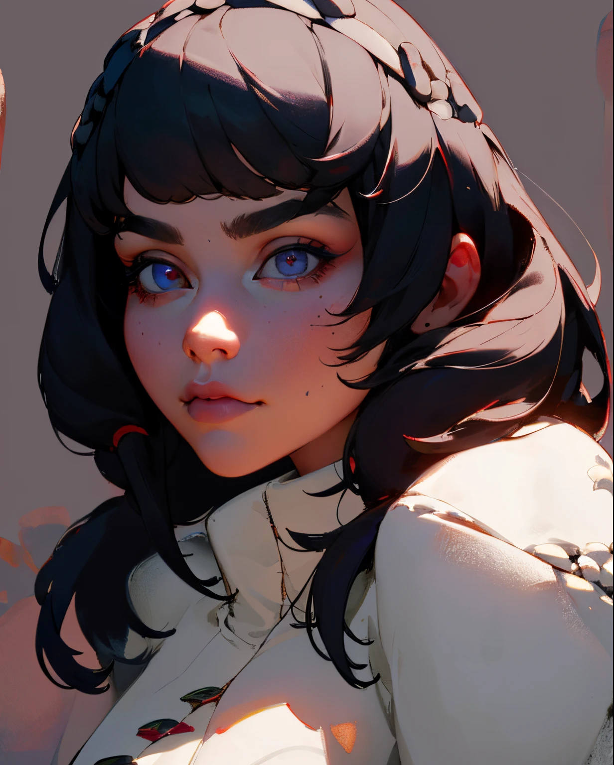 (Detailed Lights, Detailed Shadows), 1Woman, black Hair, wlizaneth Taylor, White Coat, ((Detailed Eyes)), Close-up, Portrait, (Black Eyetremely Detailed Clotheodern Clotheeautiful Hair, Muscular, Hair Down, Extremely Detailed Background, Beautiful Background