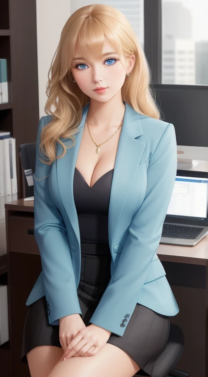 Create a stunning AI-generated portrait capturing the essence of a sophisticated 25-year-old office professional. Craft an image featuring an adult woman with long, flowing wavy blonde hair, swept-right bangs cascading down her shoulders and captivating light blue eyes. Adorn her in an elegant light blue blazer, showcasing her curvaceous figure with a tasteful emphasis on her graceful demeanor. Sensual big breast and teasing cleavage. Ensure her sitting posture exudes confidence and sophistication as she elegantly occupies the desk space in the office. The expression on her face should be refined and graceful, reflecting the poise and confidence of a successful office worker. Capture the subtle nuances of her features while maintaining a sense of professionalism in the composition. (Masterpiece), (Excellent), (Extremely Fine), photorealistic, detailed fingers, detailed eyes, thin face.