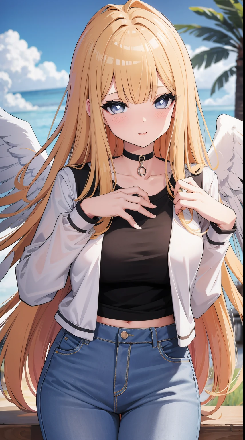 1girl, medium breasts, blonde hair, long hair, wavy hair, grey eyes, white feathered wings, angel, outdoors, white jacket, choker, tank top, jeans