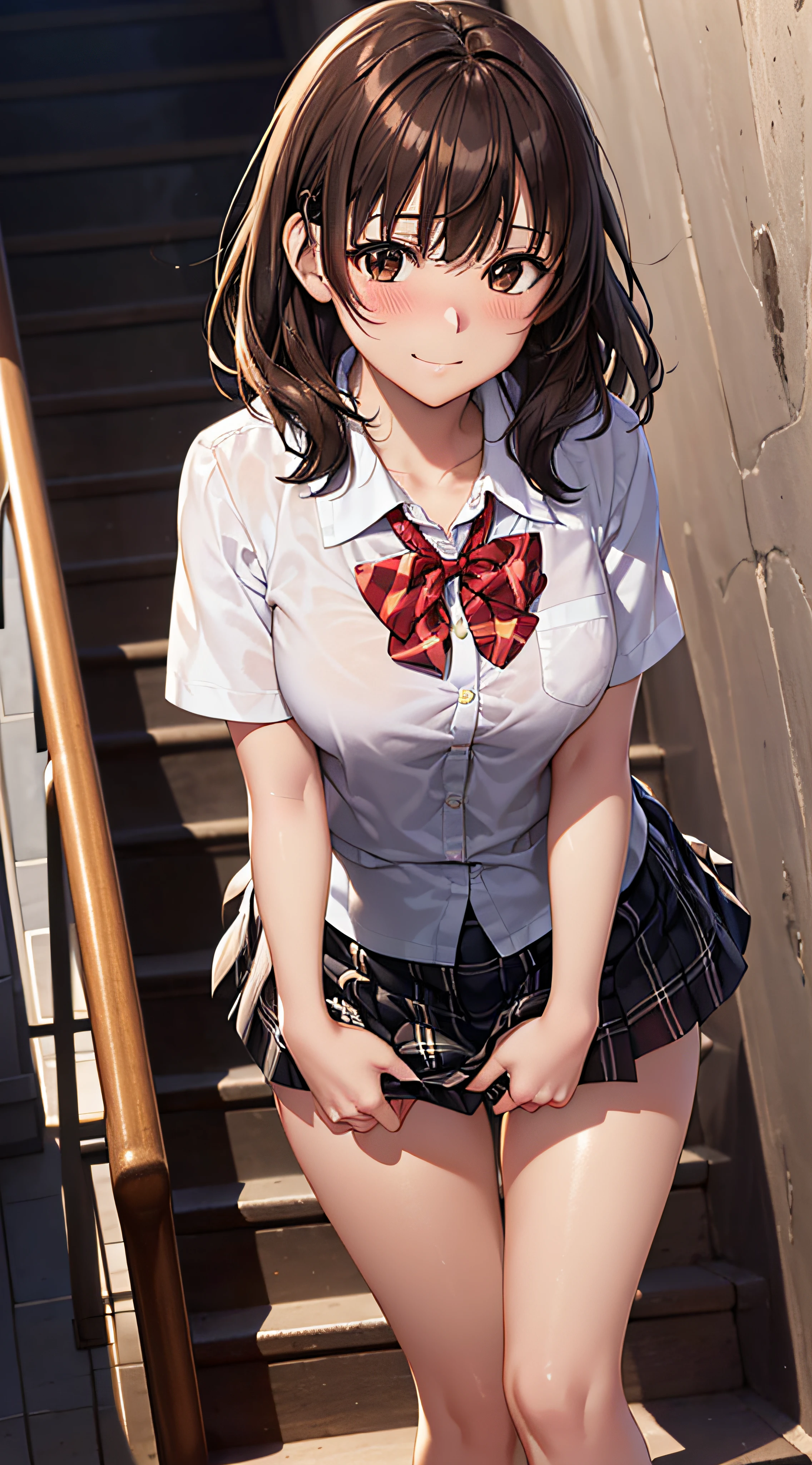 ((masutepiece, Best Quality, hight resolution, nffsw, Perfect Pixel,  4K, nffsw, nffsw))), 1girl in, Single, Solo, Beautie、full body seen、 ((Middle Wave Hair, Bangs, Brown hair)), ((Brown-eyed, Beautiful eyelashes, Realistic eyes)), ((Detailed face, Blushing:1.2)), ((Smooth texture:0.75, Realistic texture:0.65, Photorealistic:1.1, Anime CG style)), medium breasts, Dynamic Angle, Perfect body,  ((red bowtie, School uniform, , White shirt, Black skirt, plaid skirts))、train station stairs、Windy、Very embarrassing panic smile、turned around、bending forward、Looking up from the bottom of the stairs、 (The wind pulled up my skirt、Touch the skirt with both hands、、You can see all the buttocks、yellow floral panties)、