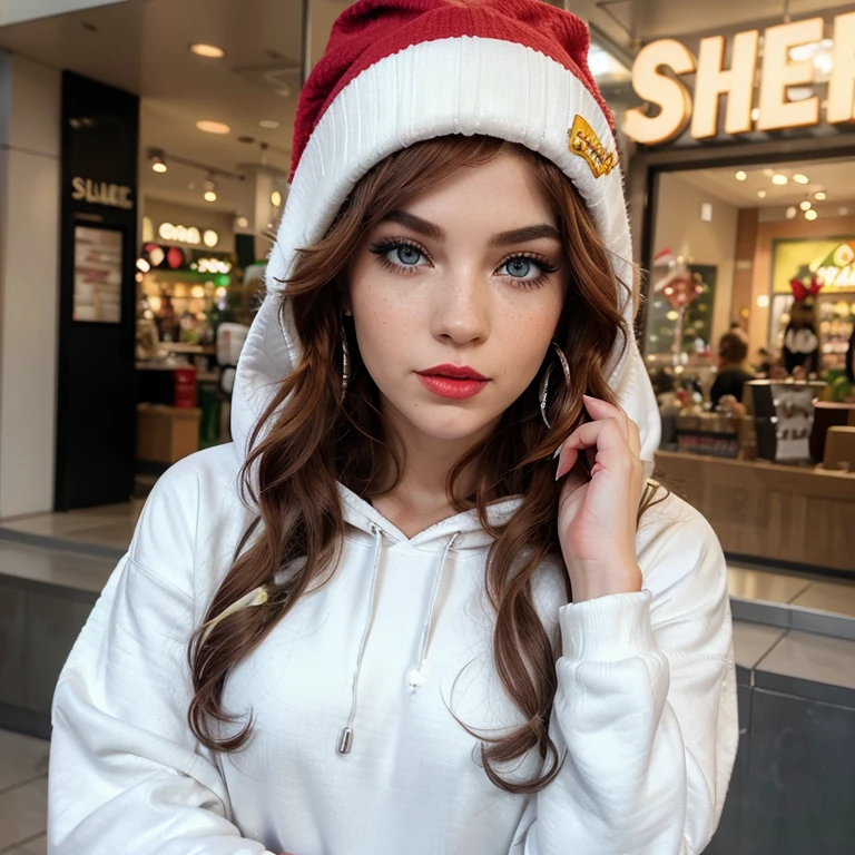 3d animation, cute 20s girl grinch, long lashes, thin eyebrows, blue eyes, smokey eye shadow, curly medium length red hair, red full lips, freckles, wearing a white hoodie, yellow carhart beanie, drinking starbucks latte, red fingernals blinged out, large thin silver hoop earings, shopping mall background.