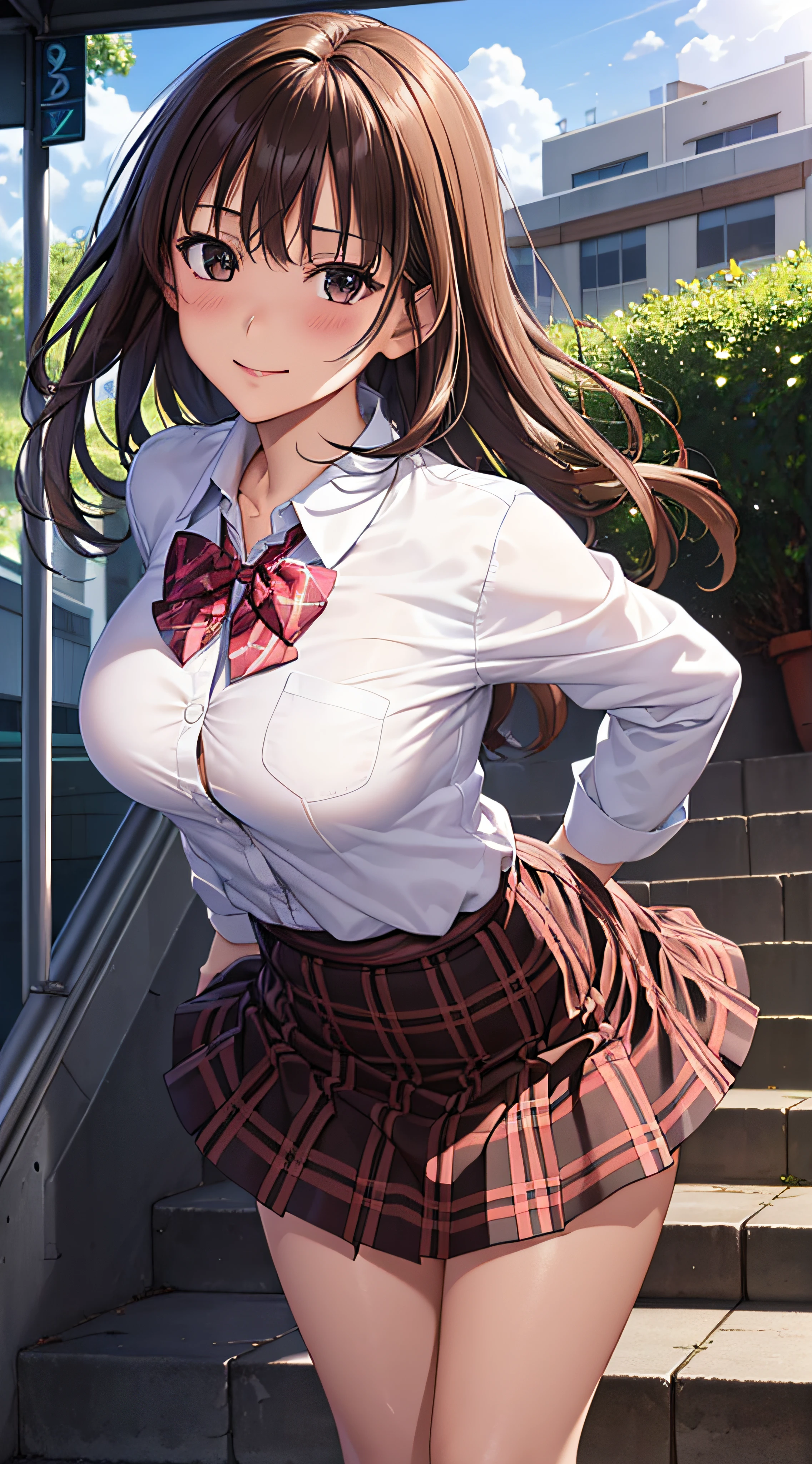 ((Tabletop, highest quality, High resolution, Hmph, Pixel Perfect, 4K, Hmph, Hmph))), One Girl, single, alone, beauty、The whole body is visible、 ((Mid-wave hair, bangs, Brown Hair)), ((Brown eyes, Beautiful eyelashes, Realistic eyes)), ((Detailed face, Blushing:1.2)), ((Smooth texture:0.75, Realistic texture:0.65, Realistic:1.1, Anime CG Style)), Center of chest, Dynamic Angle, Perfect body, ((Red bow tie, , , White shirt, Black plaid skirt)), School locker room、Standing at the locker、Very embarrassing panic smile, 、I can see her cleavage、Leaning forward、Sitting on the floor、Spread your legs、(、、Use both hands to lift up your skirt and show your panties、Her white and light blue floral lace panties are completely visible)、Angle from below