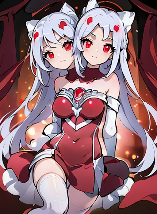 best quality, (masterpiece),(ultra-detailed), (high quality), (high resolution), (2heads:1.5) 1girl, silver hair, red eyes, red magical girl dress, magical girl, red outfit, same hair color