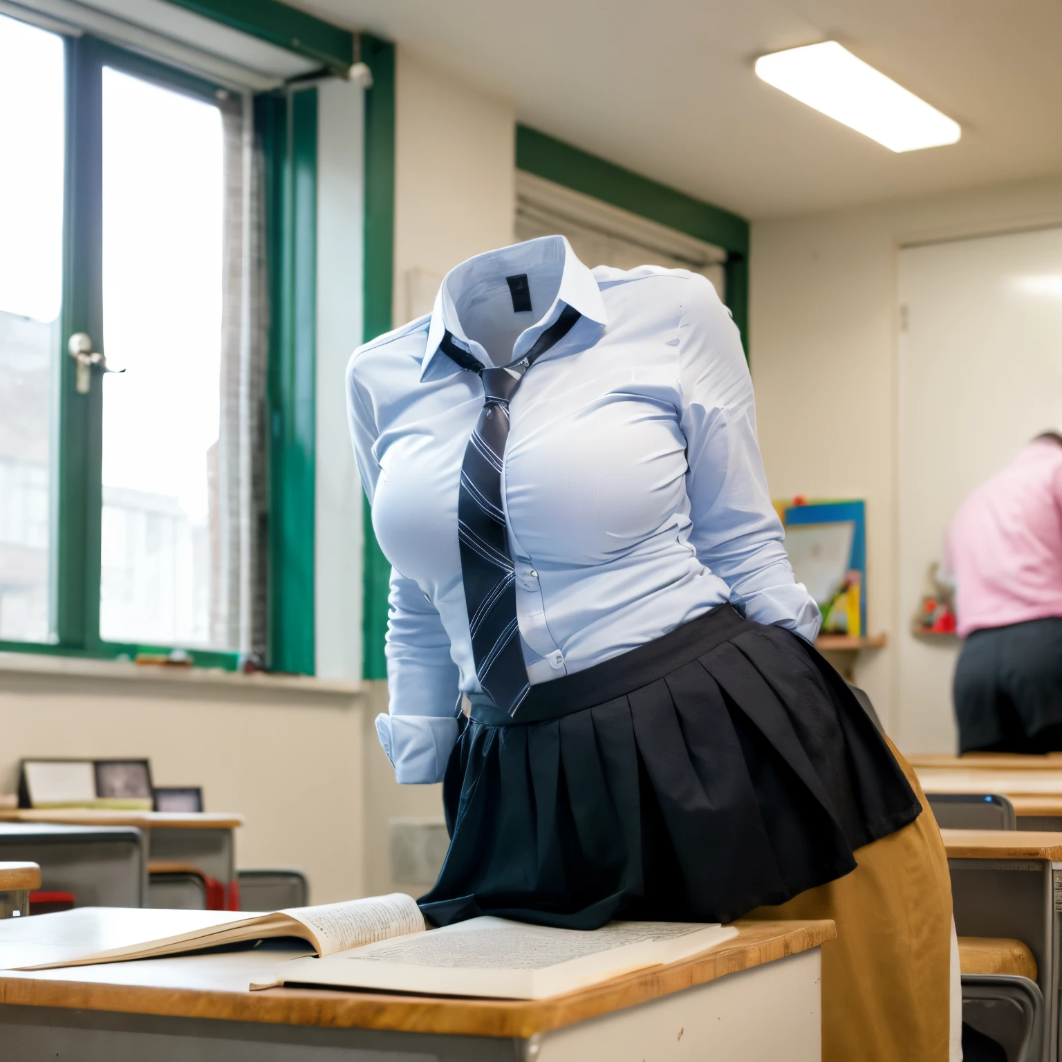 chubby, fat, white shirt, blue stripe tie, school tie, school uniform, reading books on desk, classroom, cute pose, (invisible, no humans, headless, faceless:1.5), cute big breasts, (close-up shot of breasts), (8k, RAW photo, best quality, masterpiece:1.2), (realistic, photo-realistic:1.37), photon mapping, radiosity, ((Hasselblad photography)), physically-based rendering